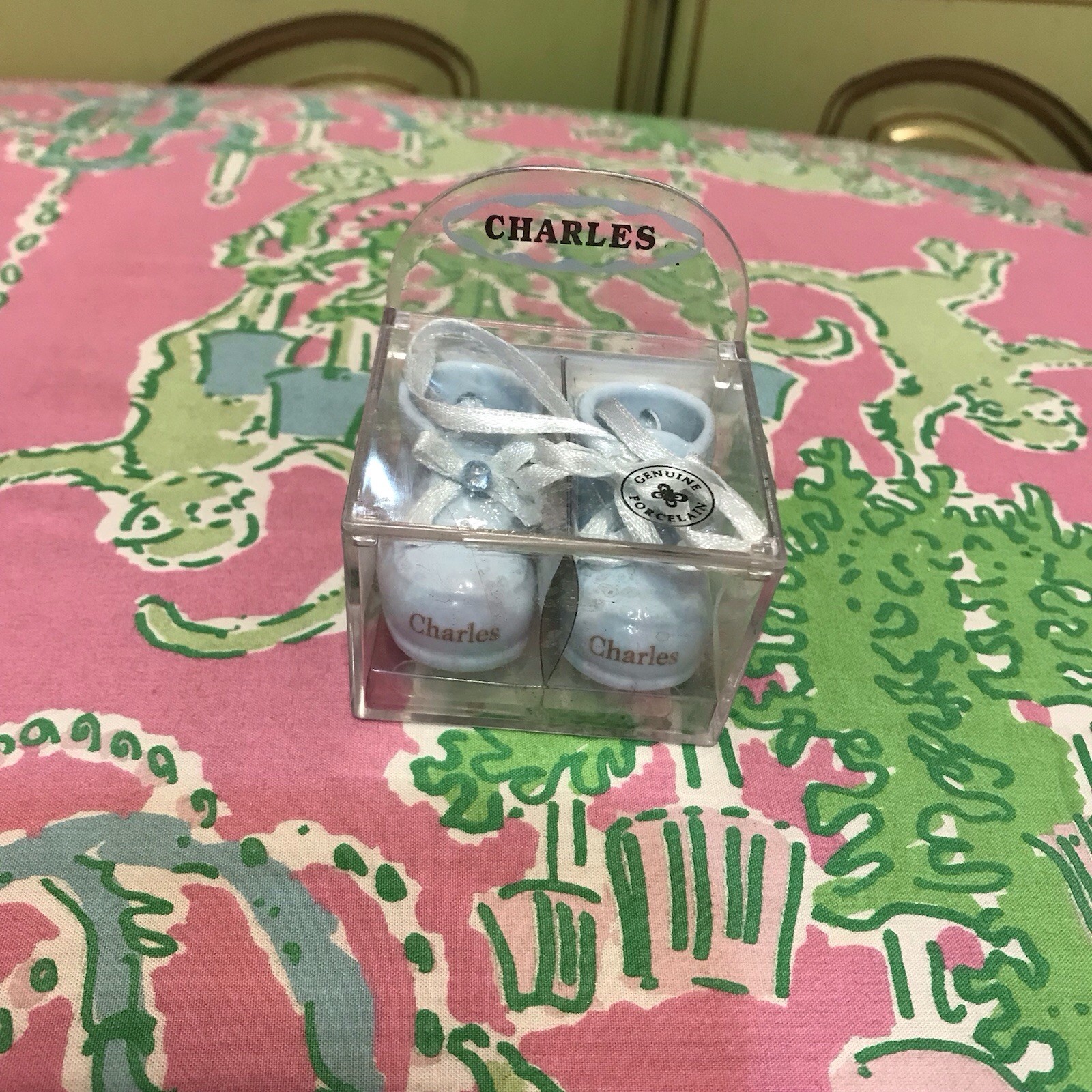 Vintage Russ porcelain Baby Blue Booties “Charles” Birth Info keepsake