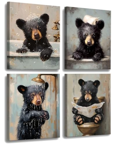 Frimeeme Framed Funny Bear Bathroom 8"L x 10"W Framed Bear Canvas Wall Art