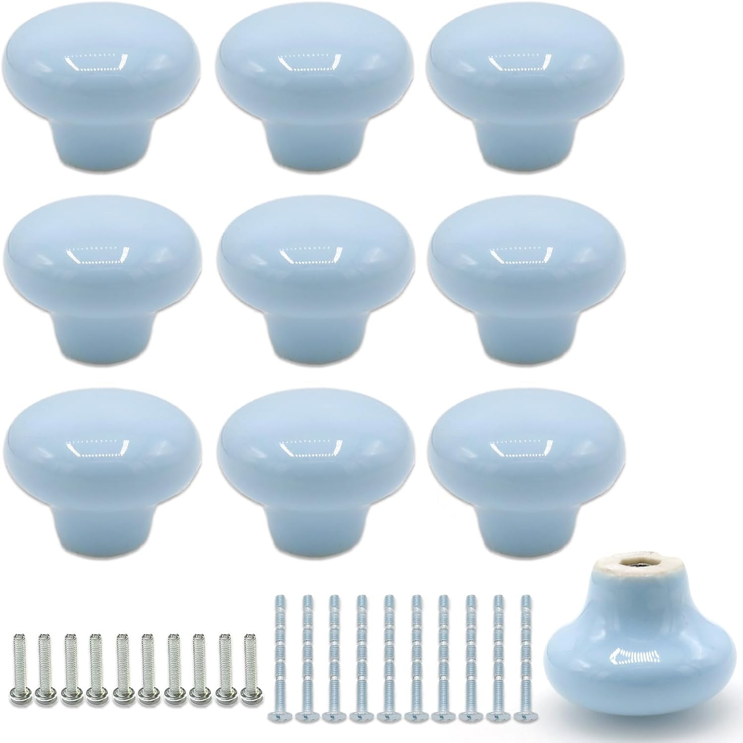 10Pack Ceramic Cabinet Knobs, 1.26Inch/32mm Sky Blue Round Drawer Dresser Knob P