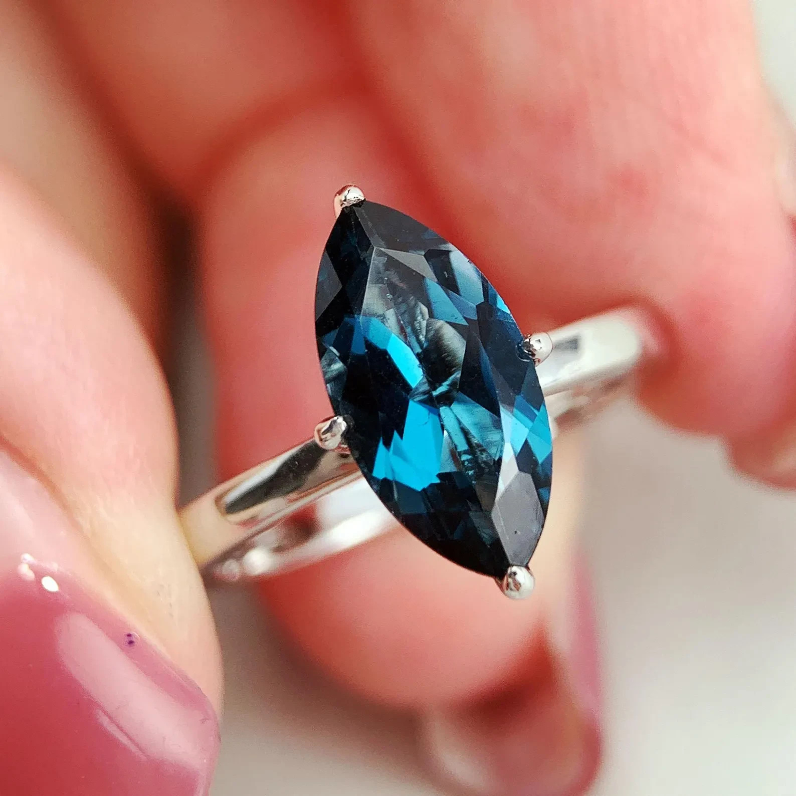 London Blue Topaz Engagement Ring Marquise Cut Ring 925 Sterling Silver Ring