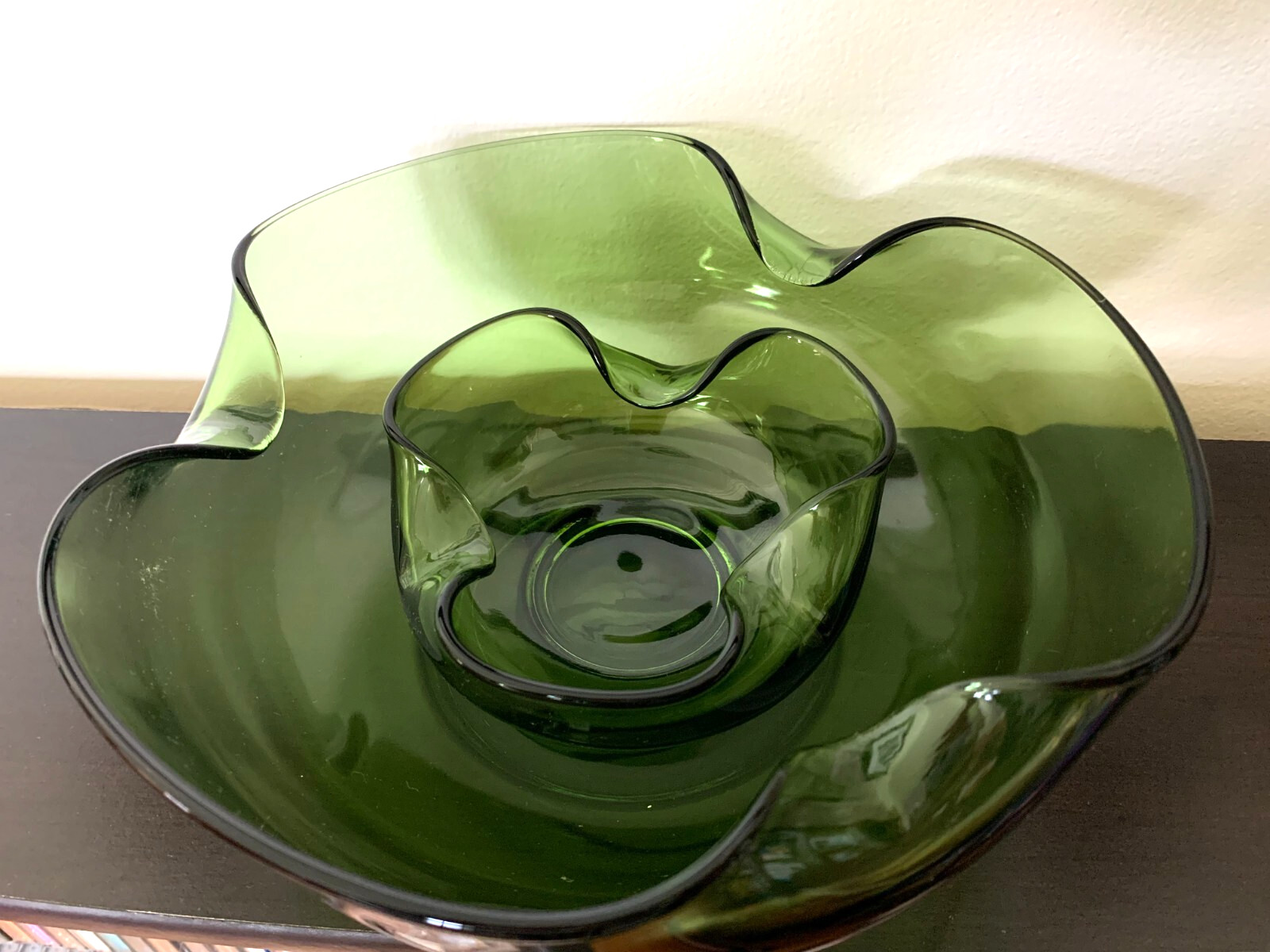 Vintage MCM Anchor Hocking green glass chip'n'dip bowl set (1 large, 1 small)