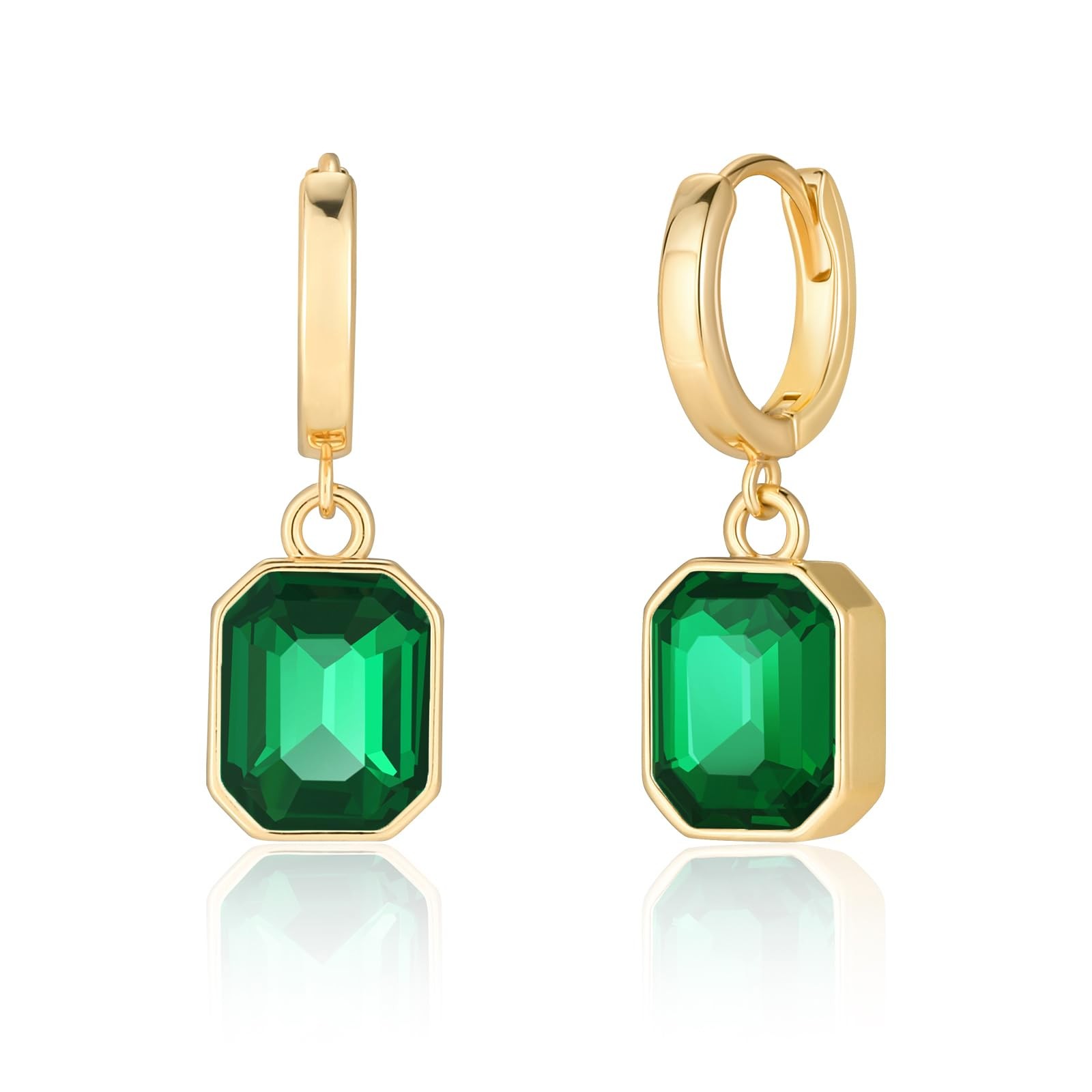 Birthstone Crystal Dangle Drop Earrings, 18K Gold Plated Huggie Hoop Green 