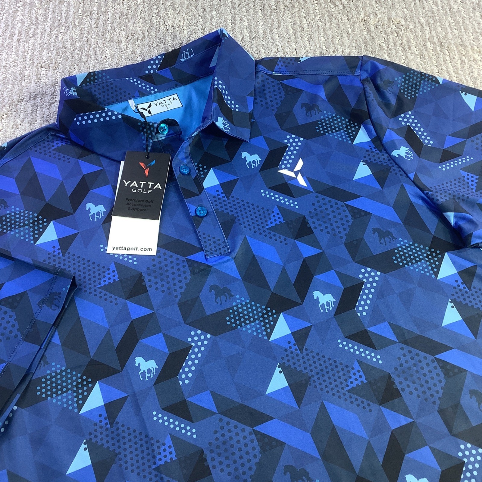 Yatta Golf Mens Kentucky Polo Shirt Blue Geometric Camo Horse Size L NWT