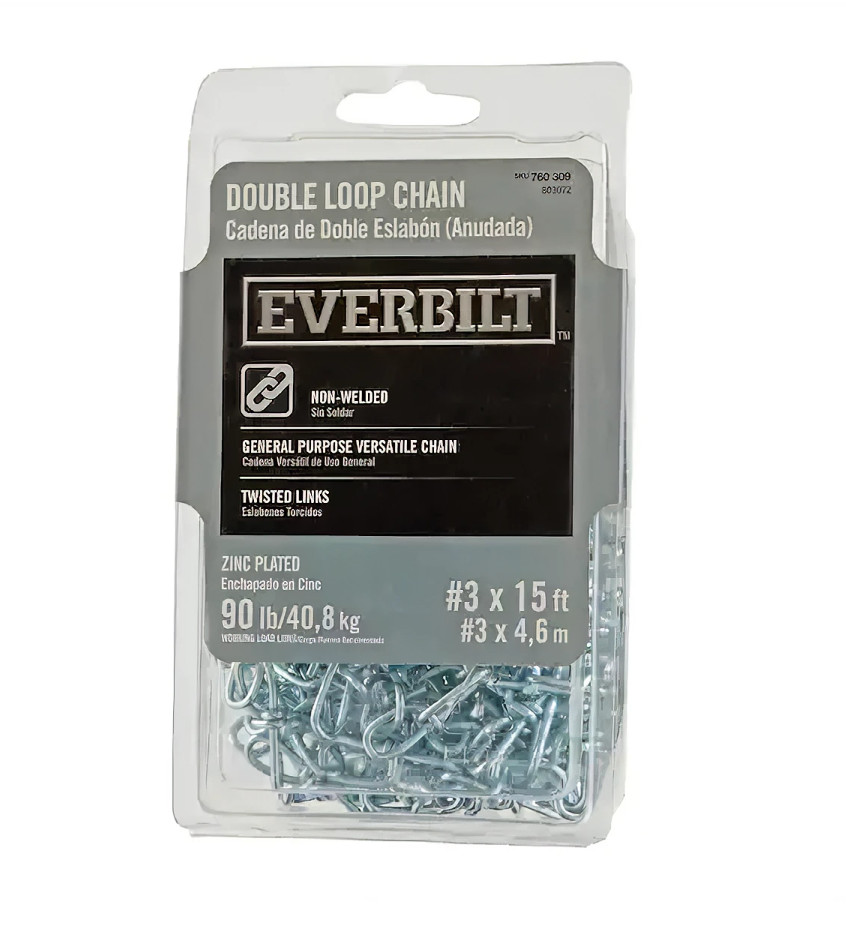 15ft. Everbilt #3 Non-Welded Steel Double Loop Twisted Links Chain 803072