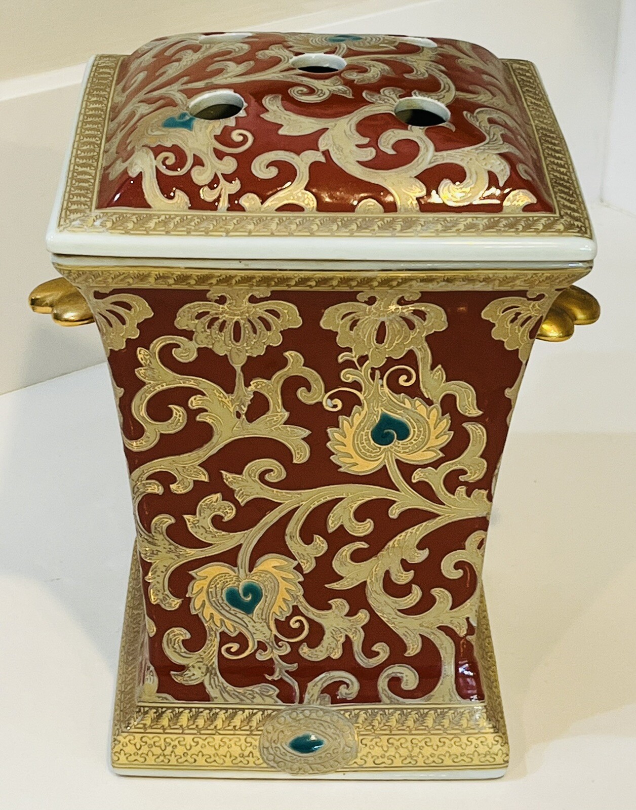 VTG - William Sung Chinese Red & Gold Tapestry Incense Burner Porcelain Jar 10"