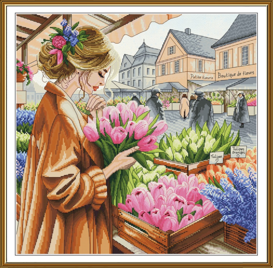 DIY Tinted canvas cross stitch kit "Flower Girl" Tulips Craft Art Unique Gift