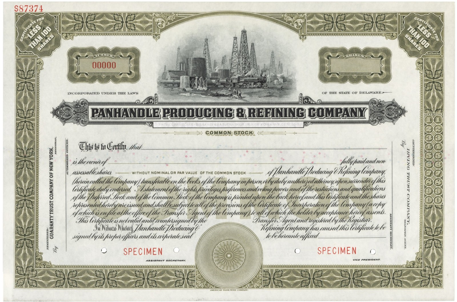 Panhandle Producing & Refining Company. Stock Certificate.