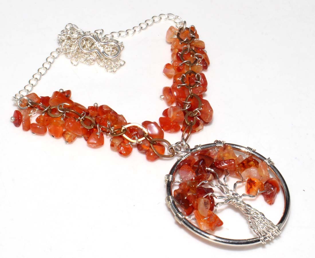 925 Silver Plated Tree Beaded Carnelian Necklace 18" Limited Edition Design MJ