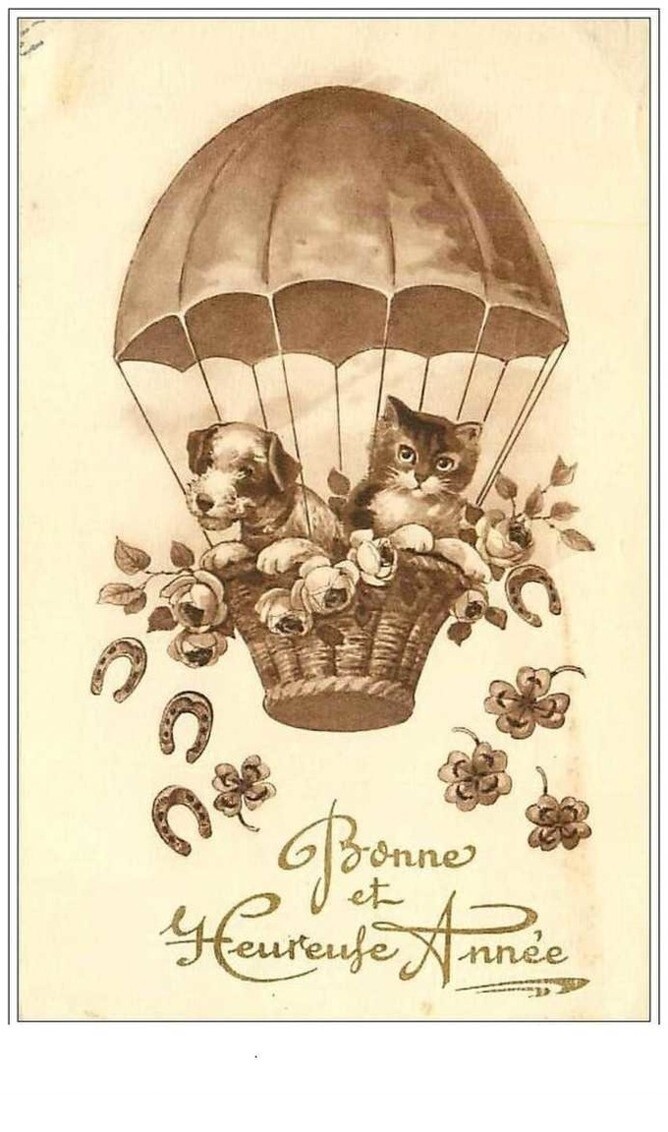 Cats No. 402 Happy New Year. Cat And Dog Flying In A Balloon