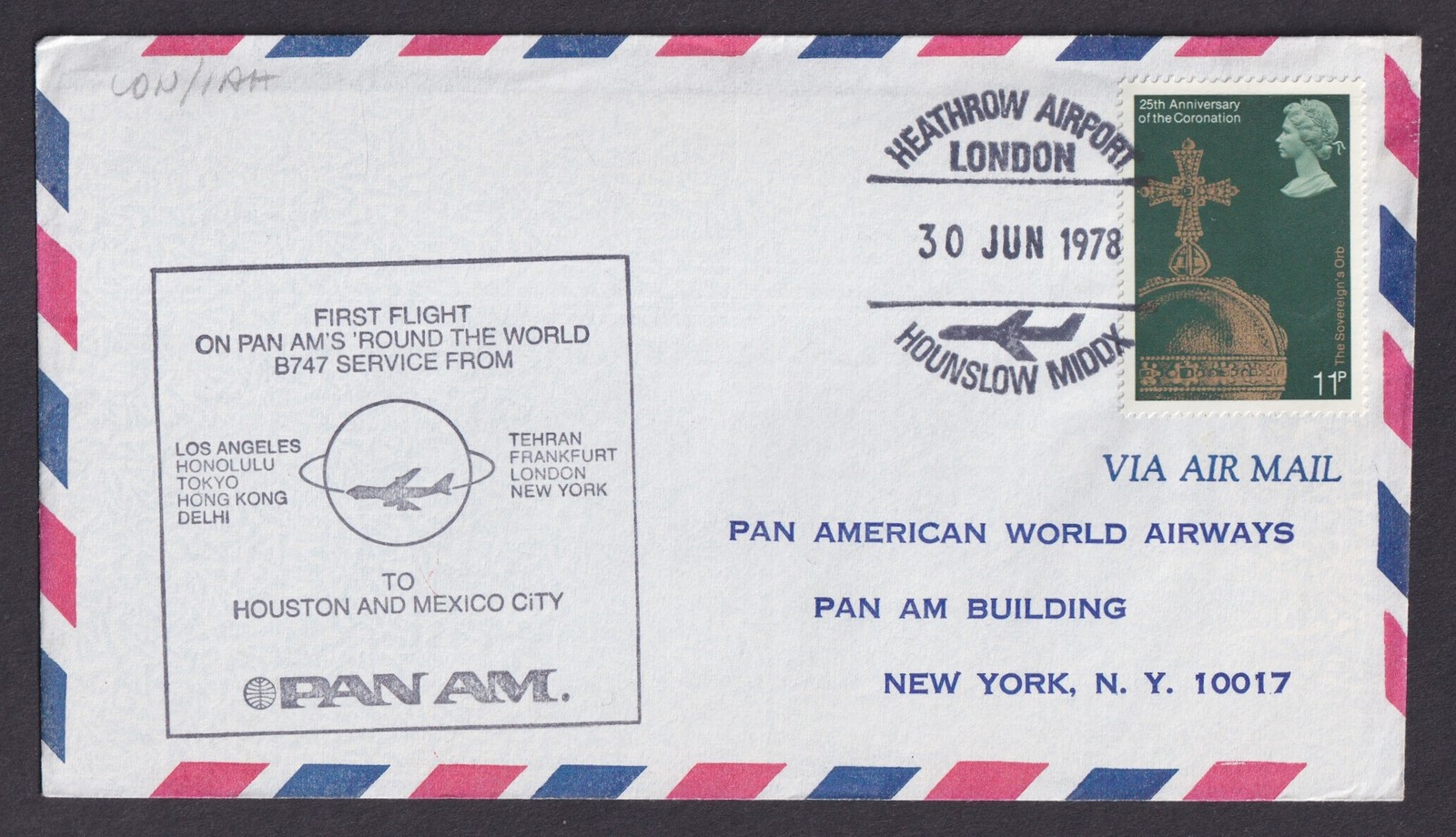 GREAT BRITAIN 1978 Air Mail cover London to Houston USA First Flight Pan Am