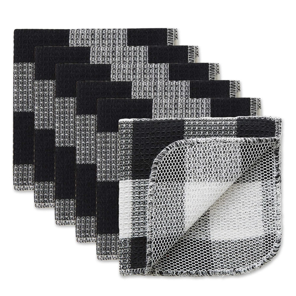 Black Buffalo Check Dishcloth Set of 6 12x12 Dual Purpose Scrubbing Cloths