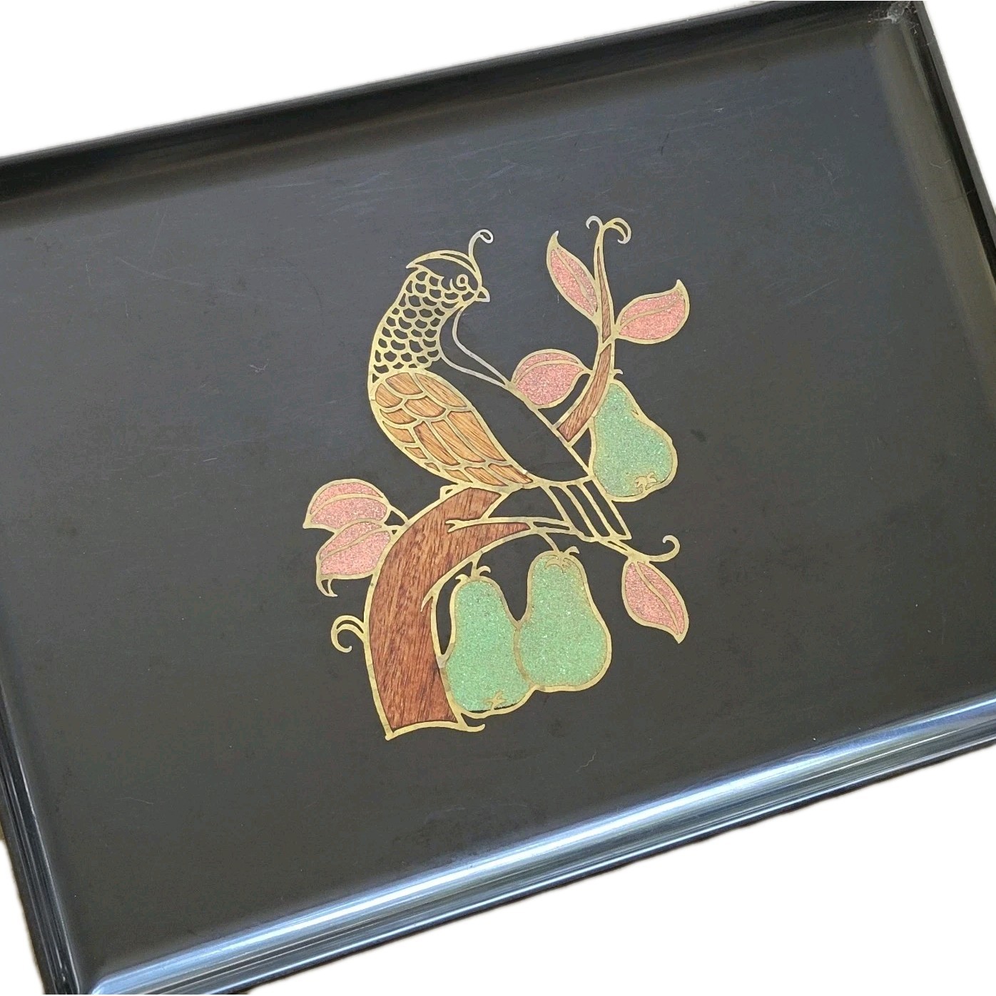Vtg MCM Couroc Partridge Pear Tree Inlay Tray Black Green Pink Bird Christmas 