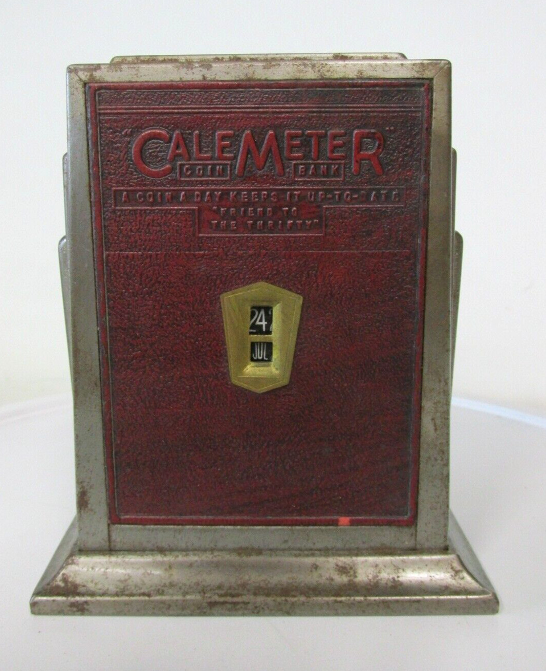 Vintage Cale Meter Coin Bank "A Coin A Day Keeps It Up To Date" Art Deco- NO KEY