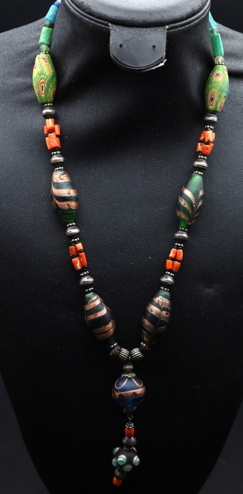 Genuine Ancient Roman Mosaic Gabri Glass ,coral Bead Necklace 1st-2 Century(EE16