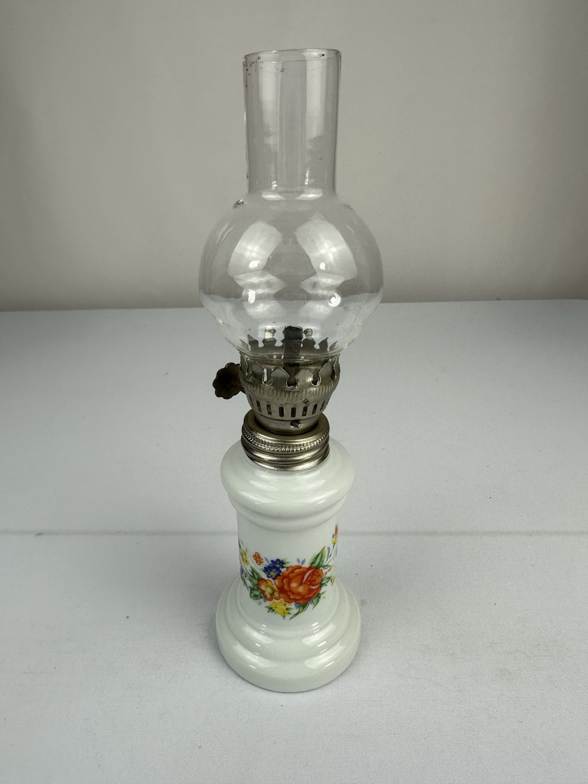 Vintage Mid-century Miniature 9" Porcelain Oil Lamp Floral Motif