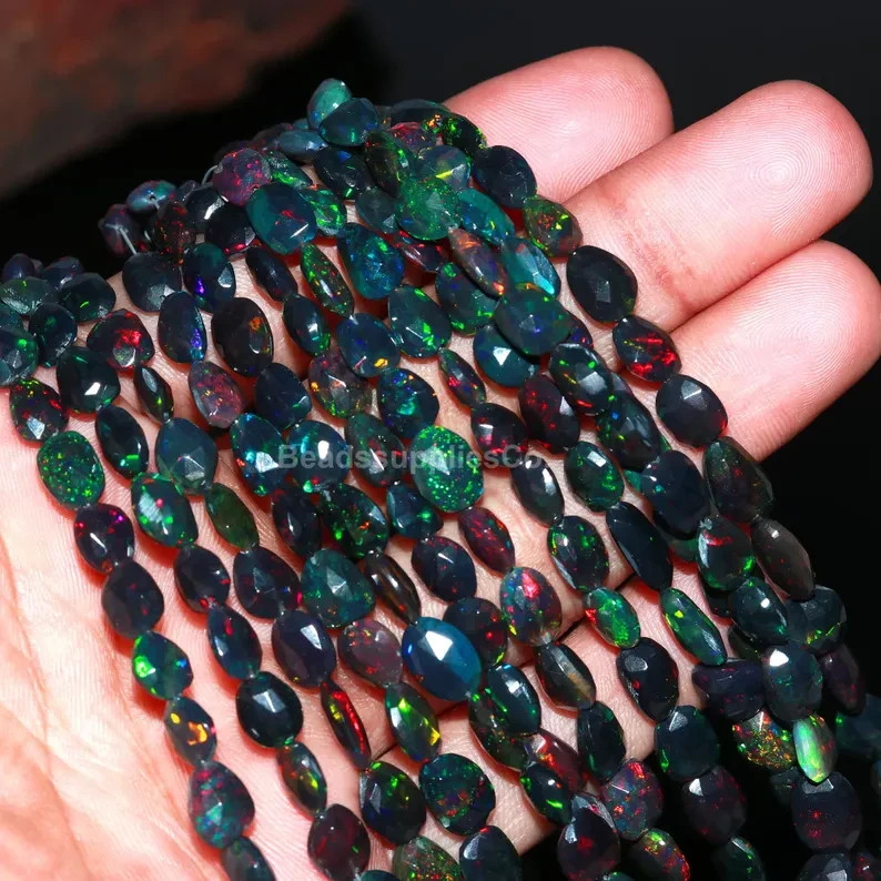 AAA+ ethiopian Black Opal Faceted Nuggets Shape Ethiopian Opal Bead Black Opal