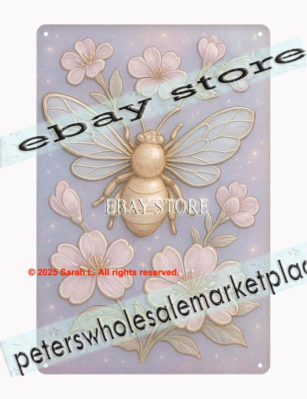 Bee Blossom Tin Sign 3D Look Pastel Floral Art