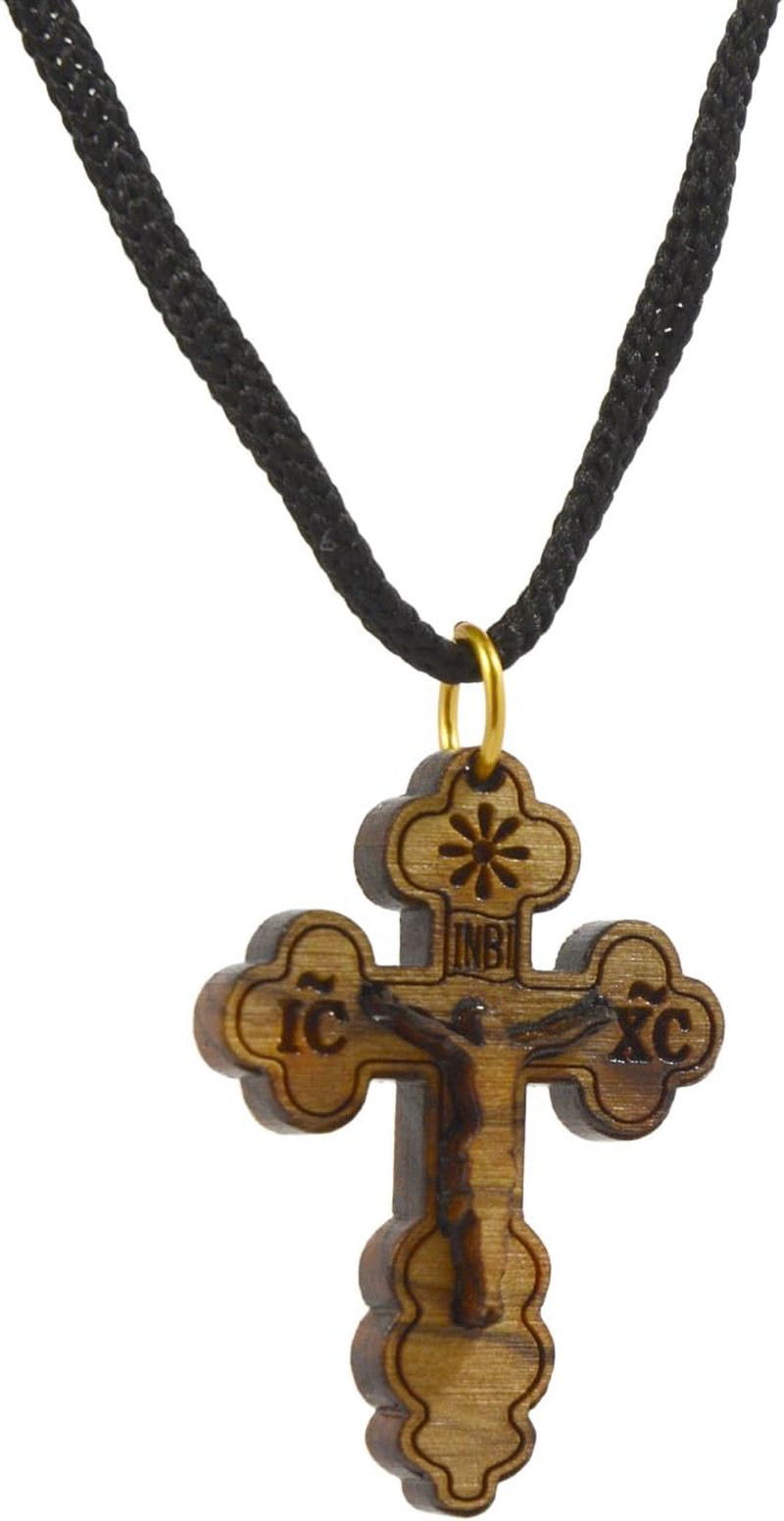 AUTHENTIC Bethlehem Olive Wood Eastern Cross Pendant in Natural Cotton Pouch wit