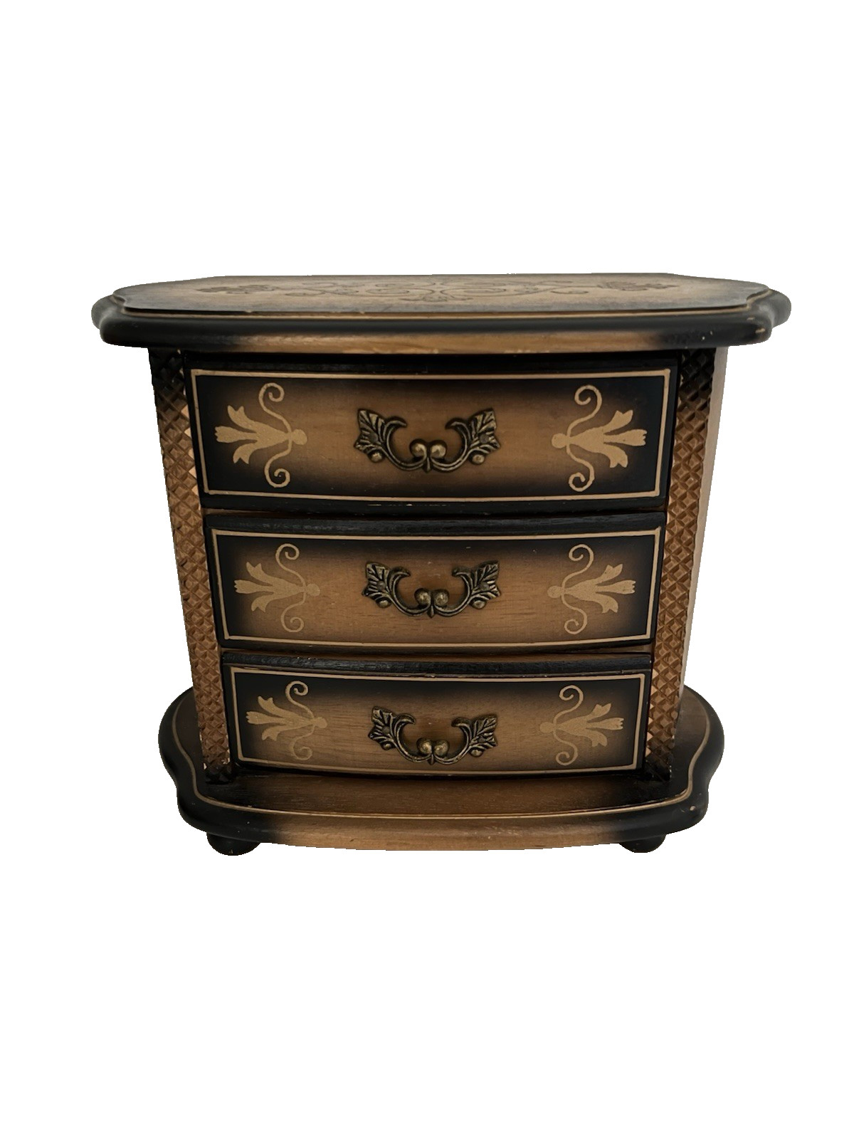 1960's Musical Jewelry Box With 3 Drawers & Faux Brass Inlays & Burlwood Finish