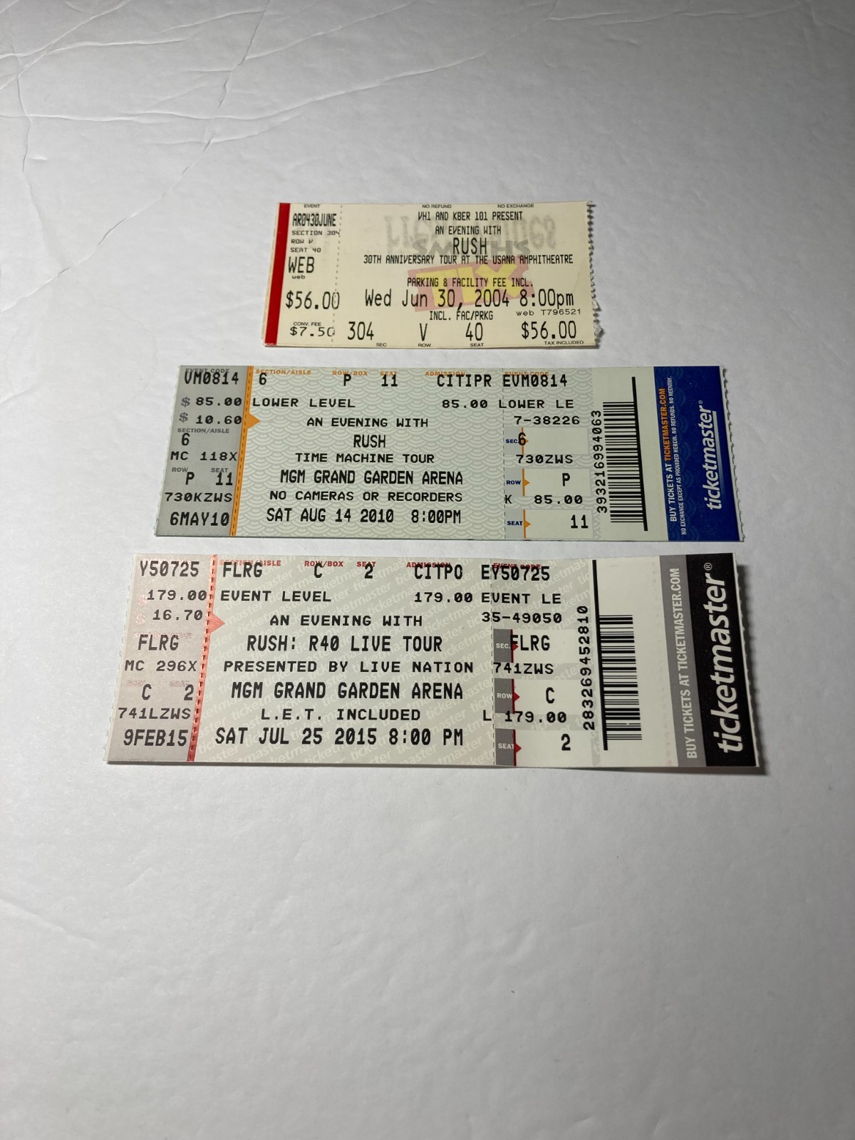 3 Rush Concert Ticket Stubs 2004 2010 2015 Las Vegas, Salt Lake, MGM Grand Arena