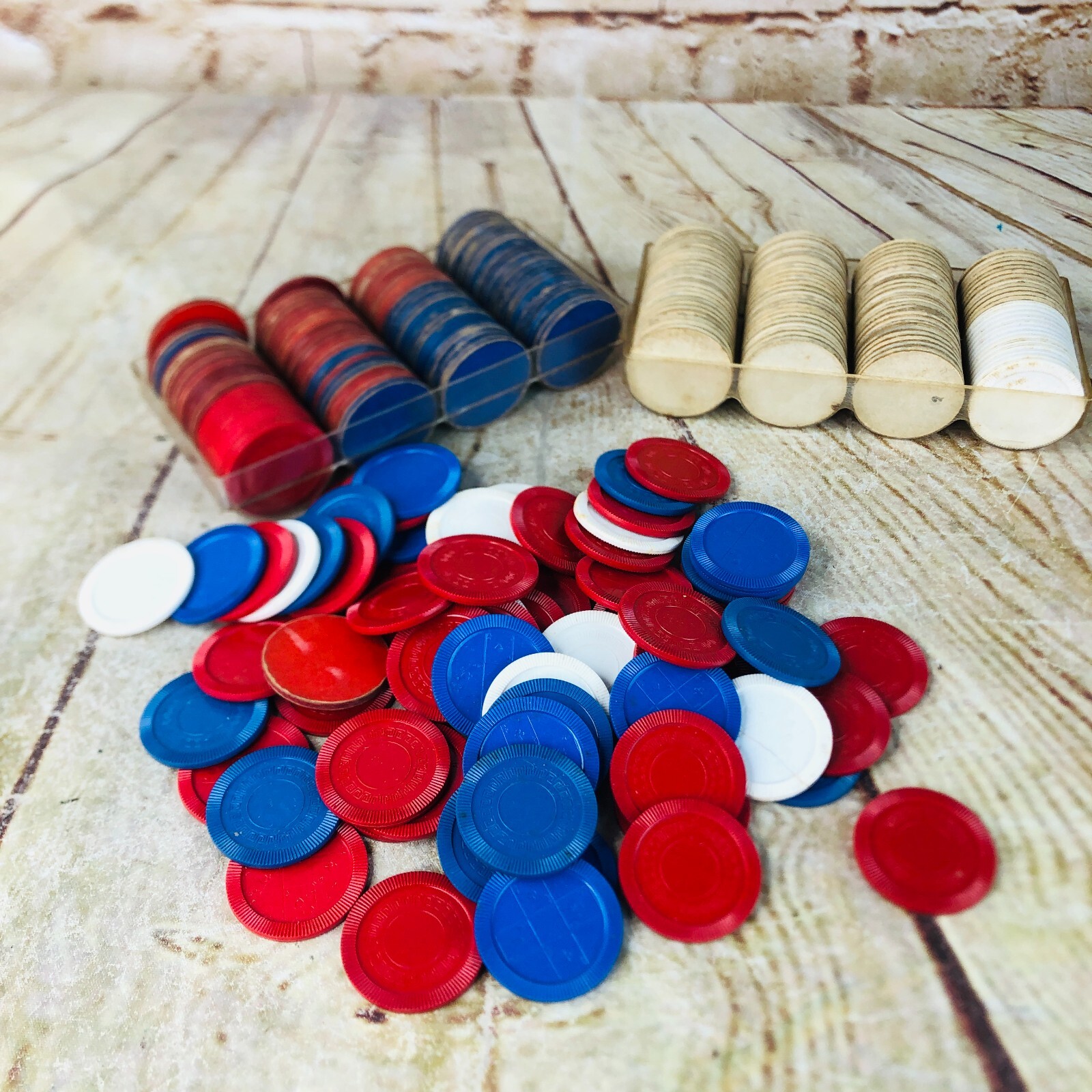 vtg lot of poker chips cardboard & plastic white red blue