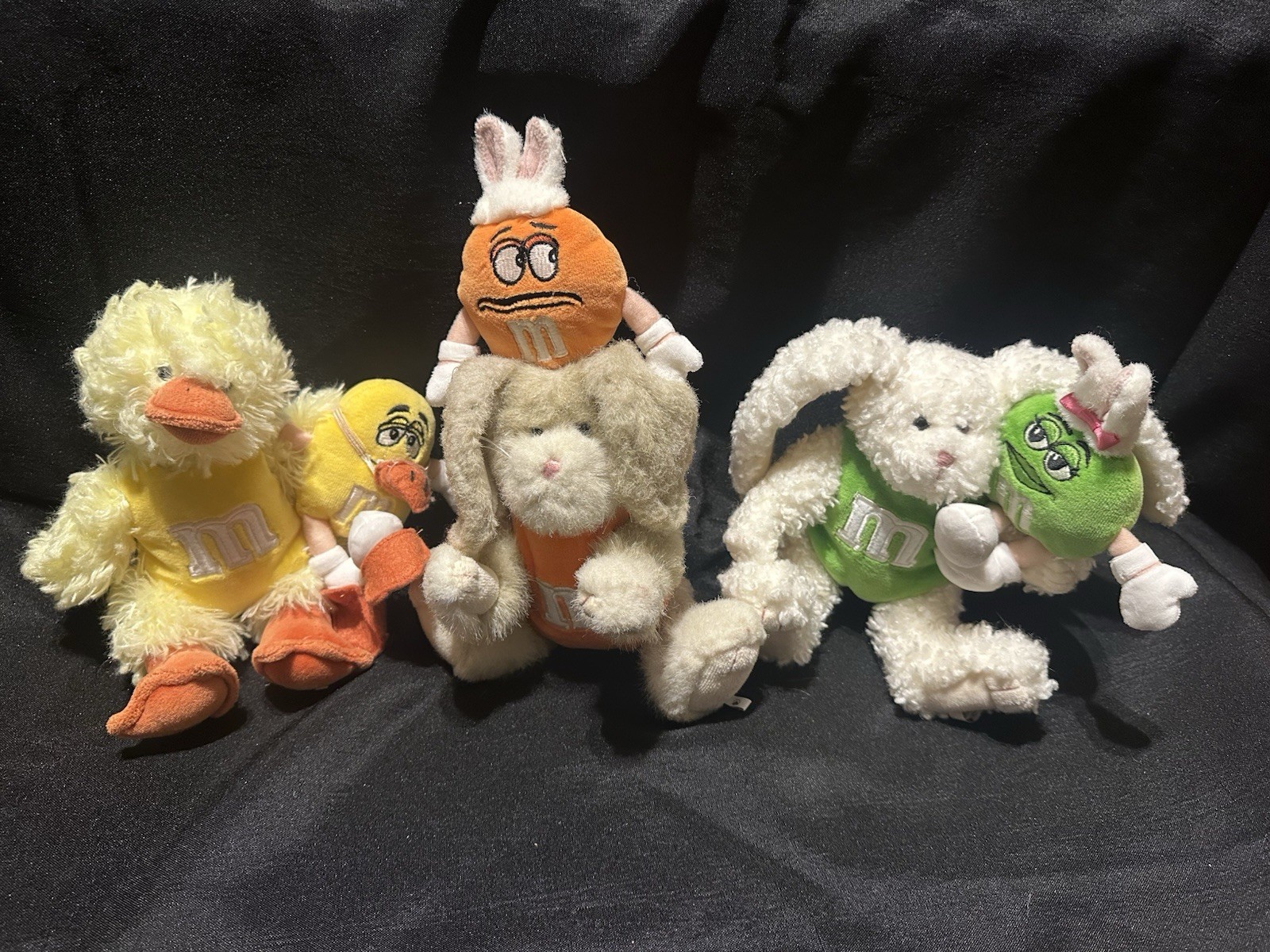 Set of 3 Boyds M&M Easter Plush Bunny Green Orange & Duck Yellow  RARE 2007