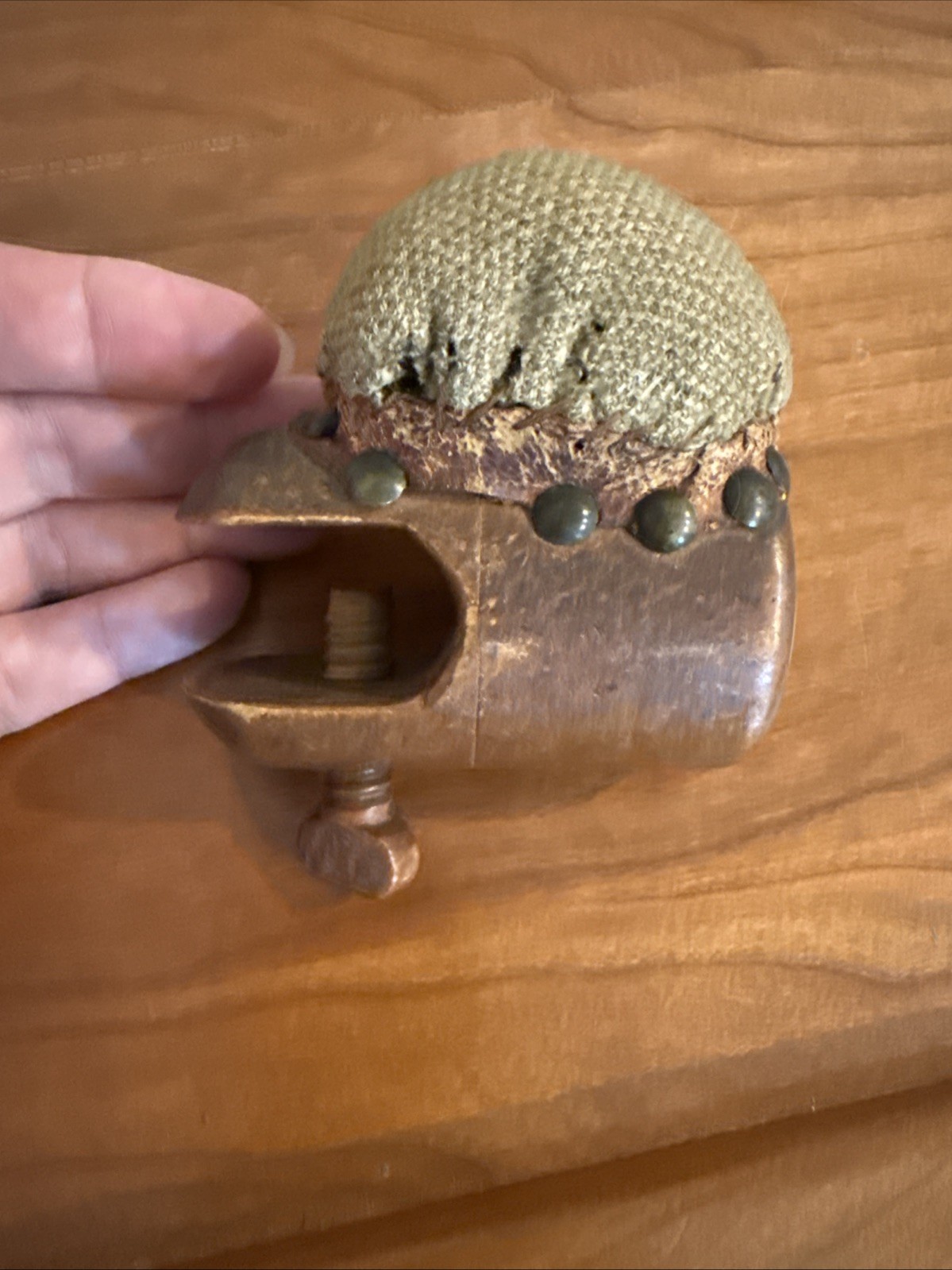 Antique Victorian Hand Carved Sewing Clamp with  Pin Cushion