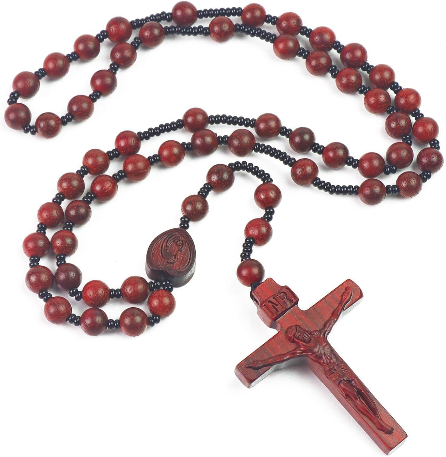 Catholic Wooden Cross Necklace for Men - Women'S Handmade Rosary Beads Jesus Pen
