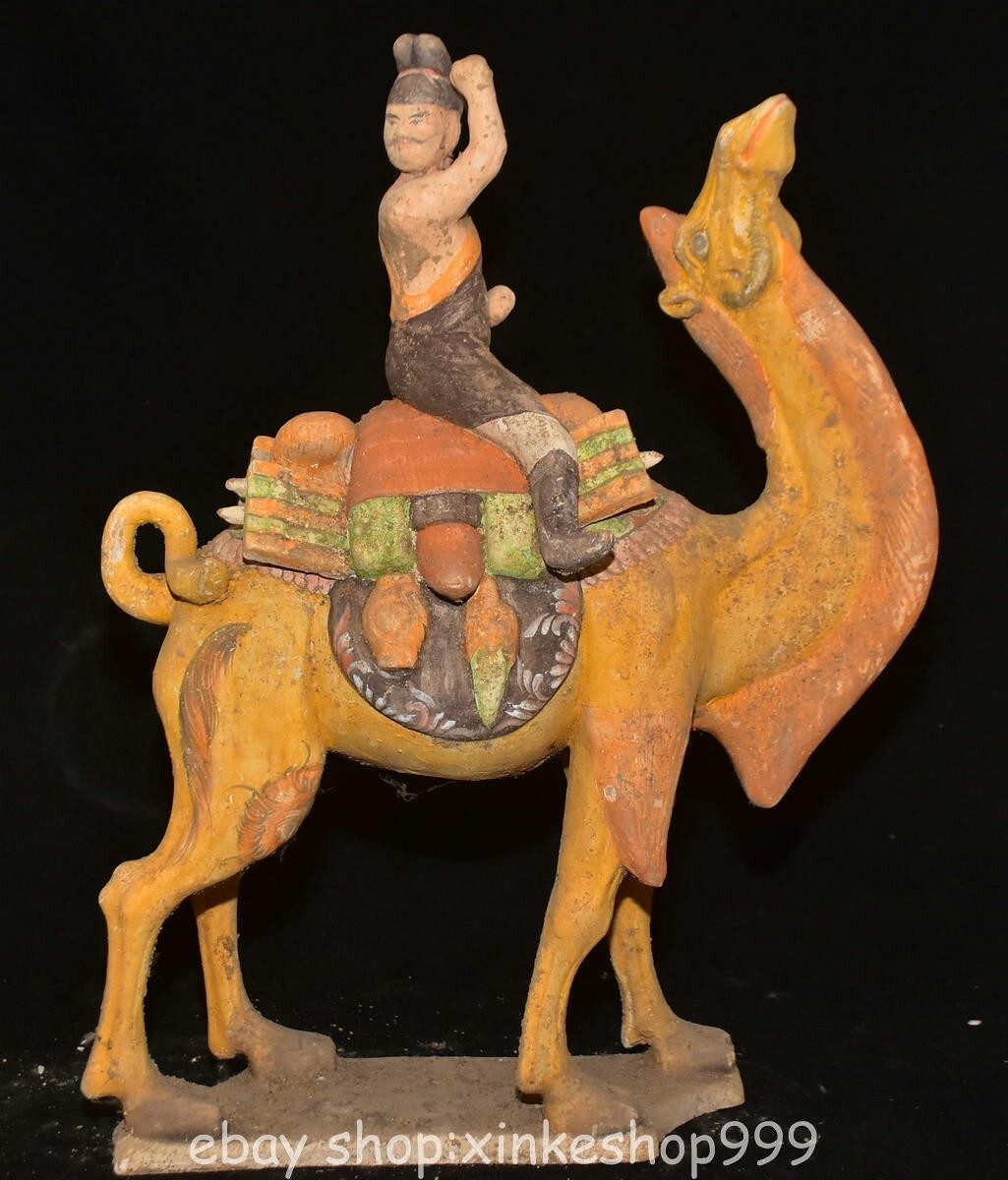 18" Old Chinese Tang Sancai Pottery Dynasty Hu People camel Statue Sculpture