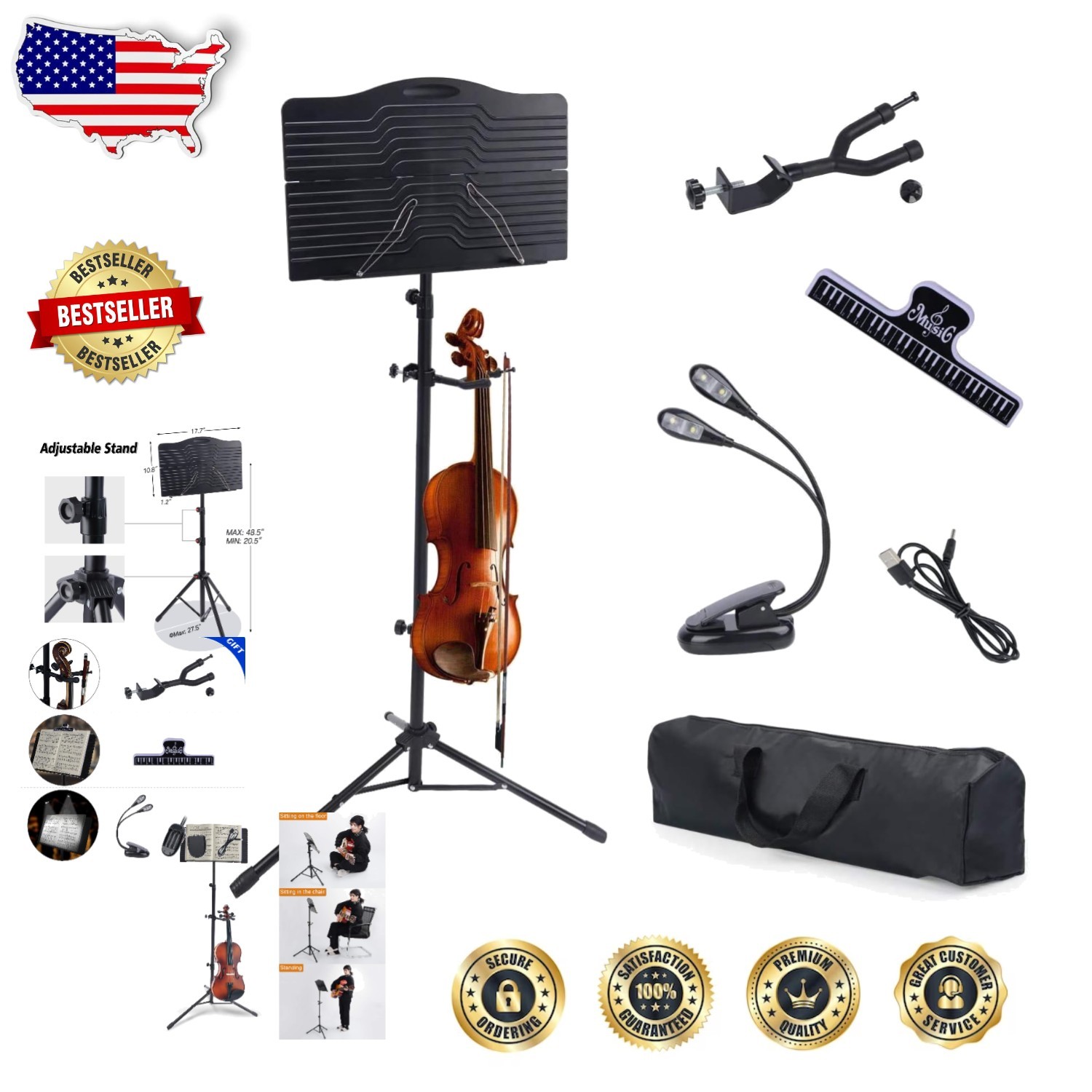 Pro Portable Sheet Music Stand w/ Violin Hanger & LED Light - Black ABS Metal