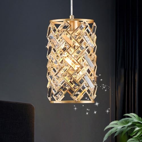 1-Light Gold Crystal Pendant Light, Mini Ceiling Hanging Gold Round 1-Light