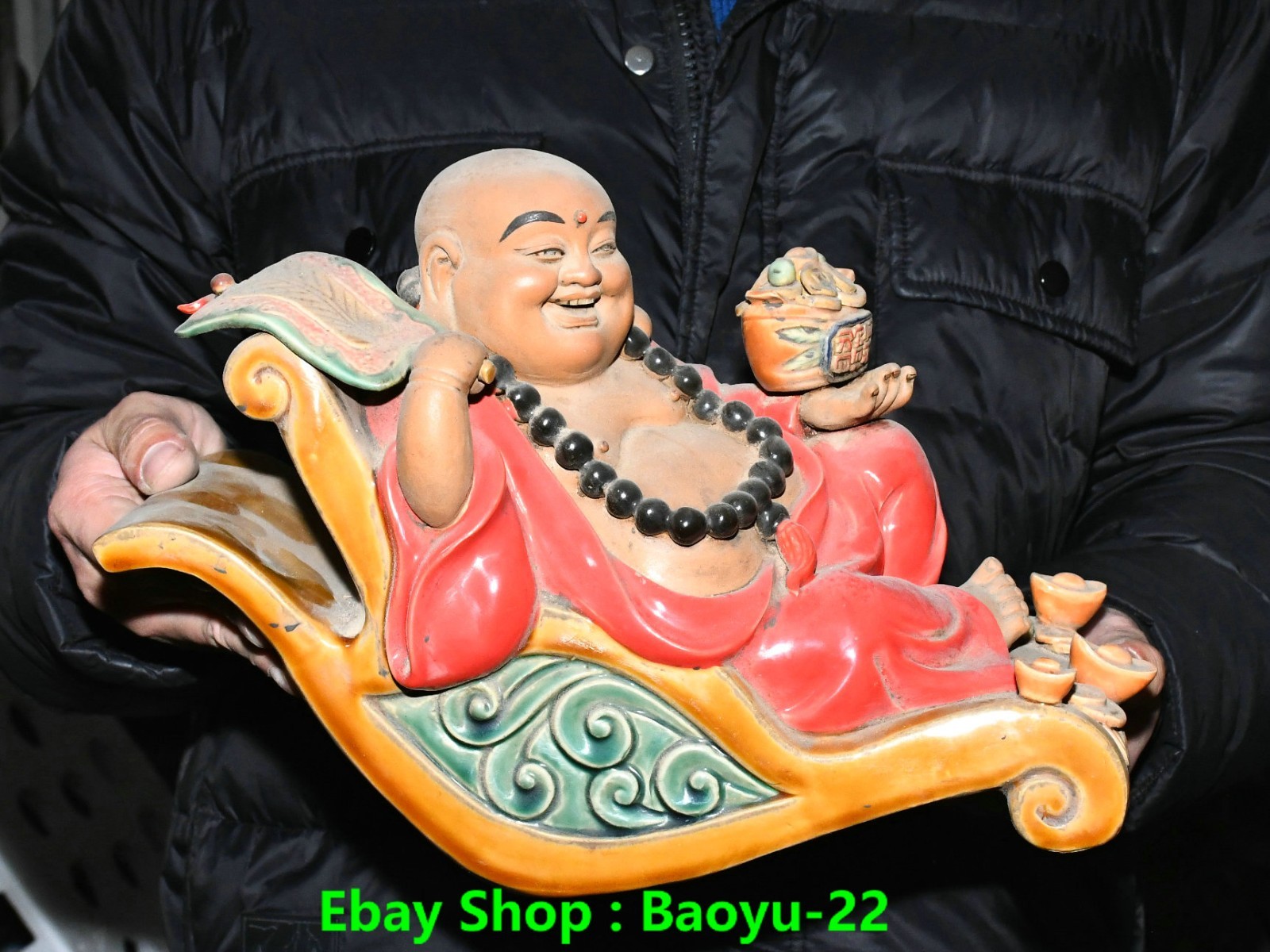 13.4''Old Chinese Shiwan Porcelain Wealth Happy Laugh Maitreya Buddha Statue