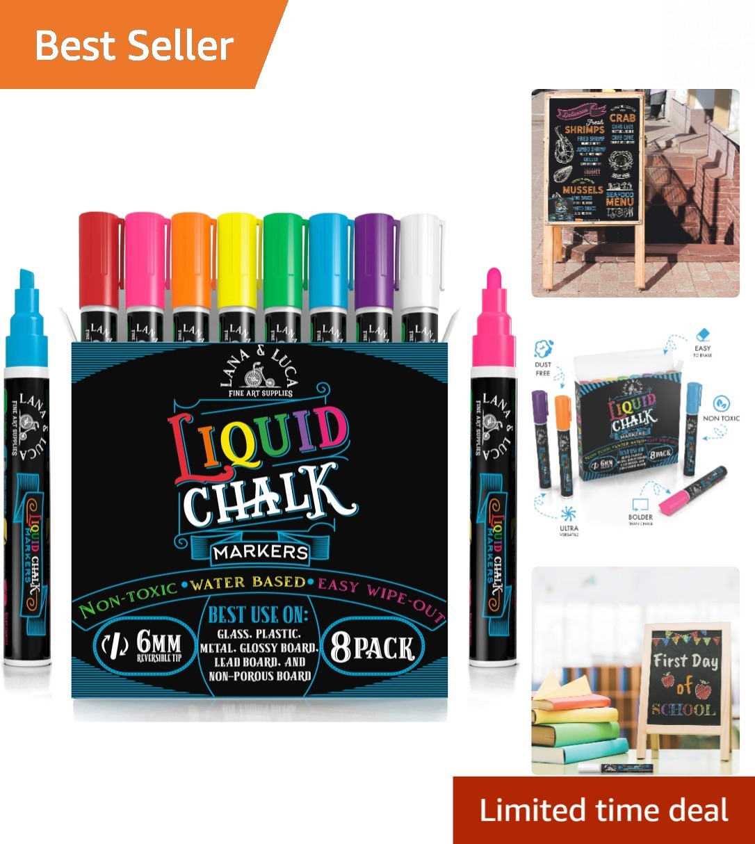 Vibrant Liquid Chalk Markers - 8 Pack of Bold Colors with 6mm Reversible Tip