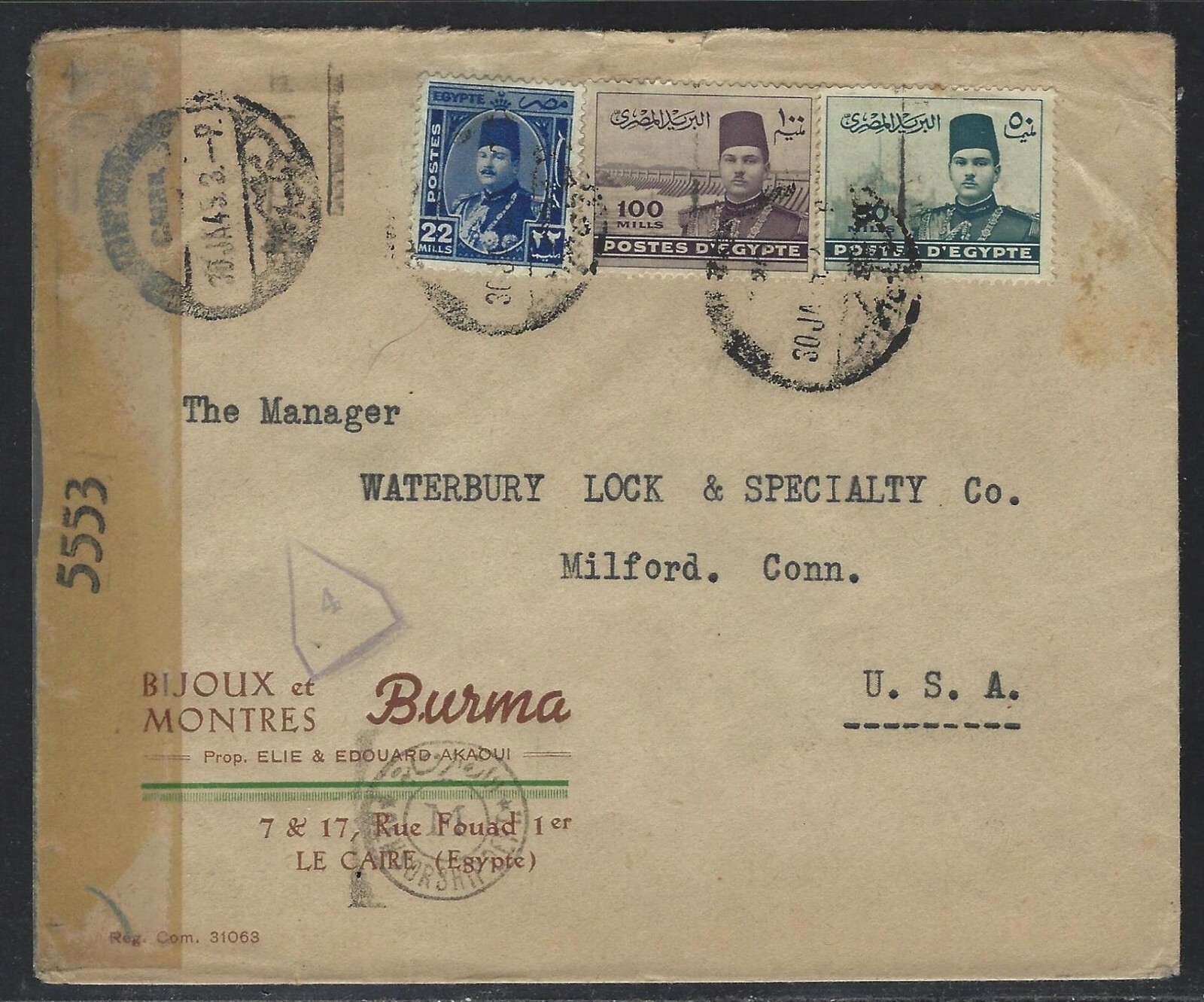 1945 Egypt WWII Double Censored Commercial Cover - Cairo to Connecticut