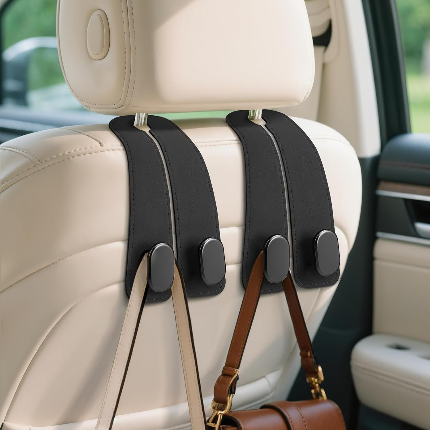 Car Seat Headrest Hooks - 2 Pack Universal Car Purse Hook, Leather Car Bag Purse