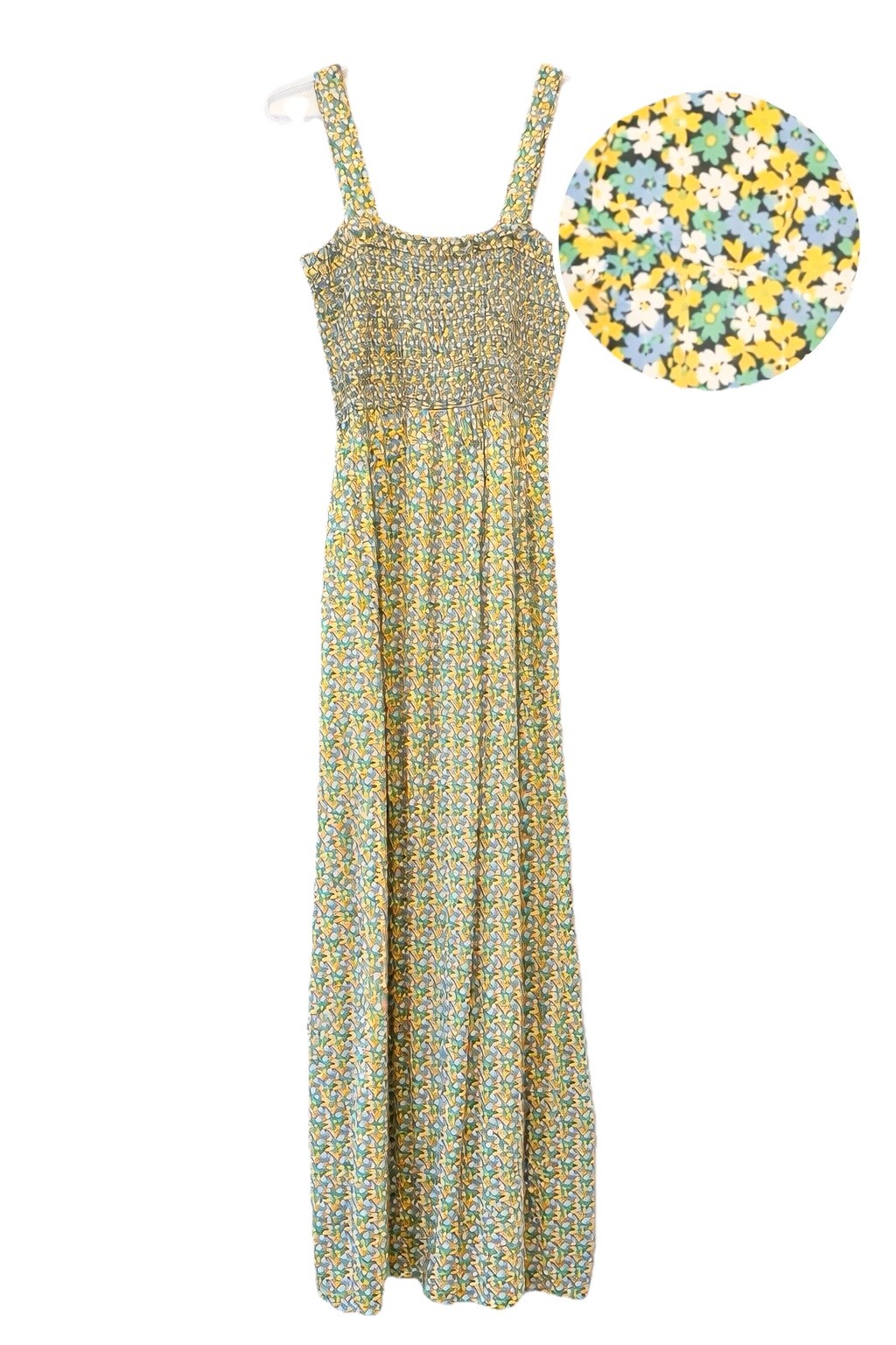 Floral Smocked Maxi Sundress Yellow Blue Daisy Print LOFT Outlet M
