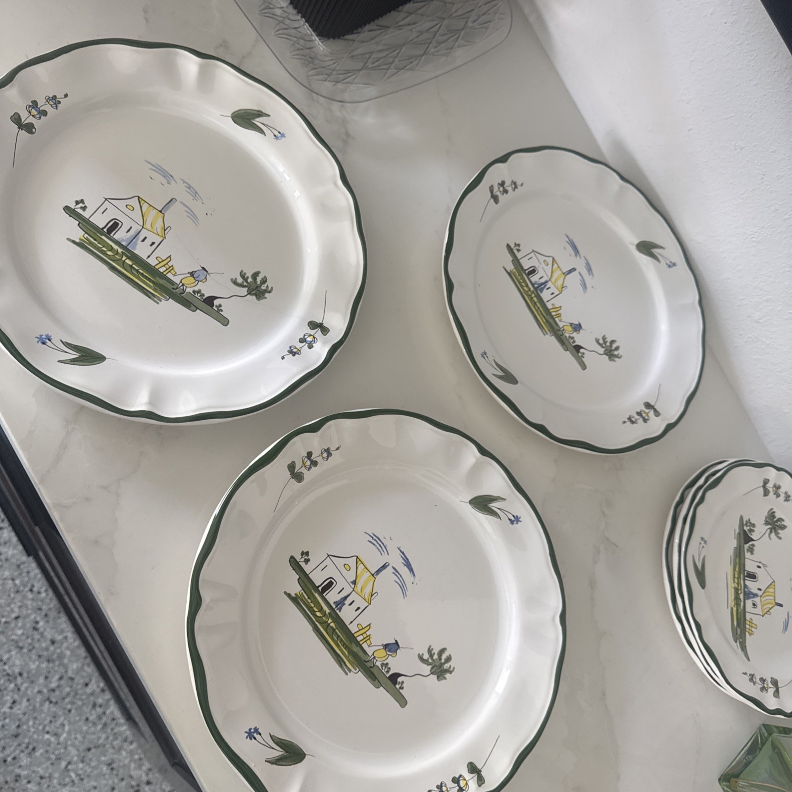 Lot 3 Varages France Cabanon Pattern Scalloped Green Trim 11” Dinner Plates A+