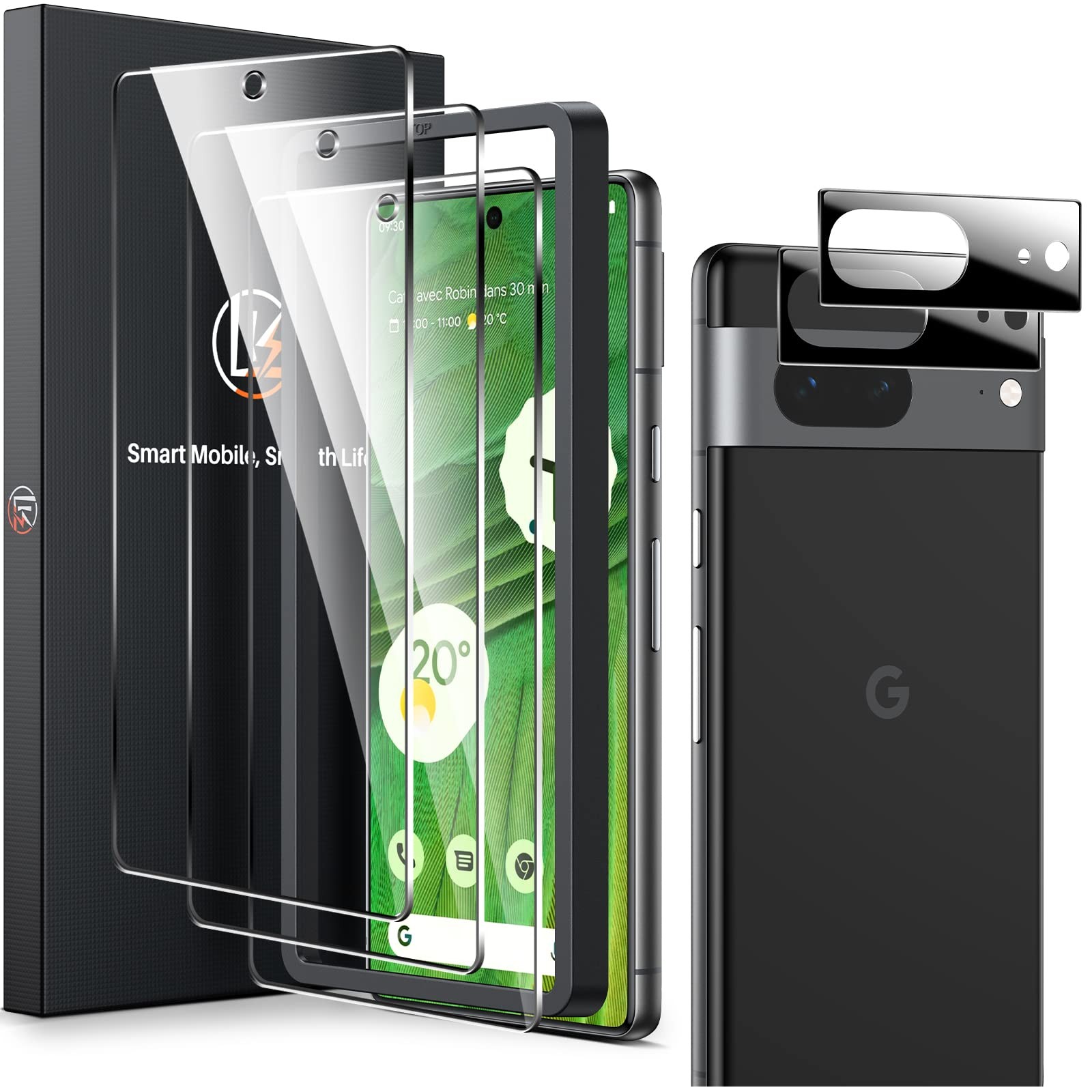 LK Pixel 7 Screen Protector 3-Pack Tempered Glass & 2 Lens Protectors 9H