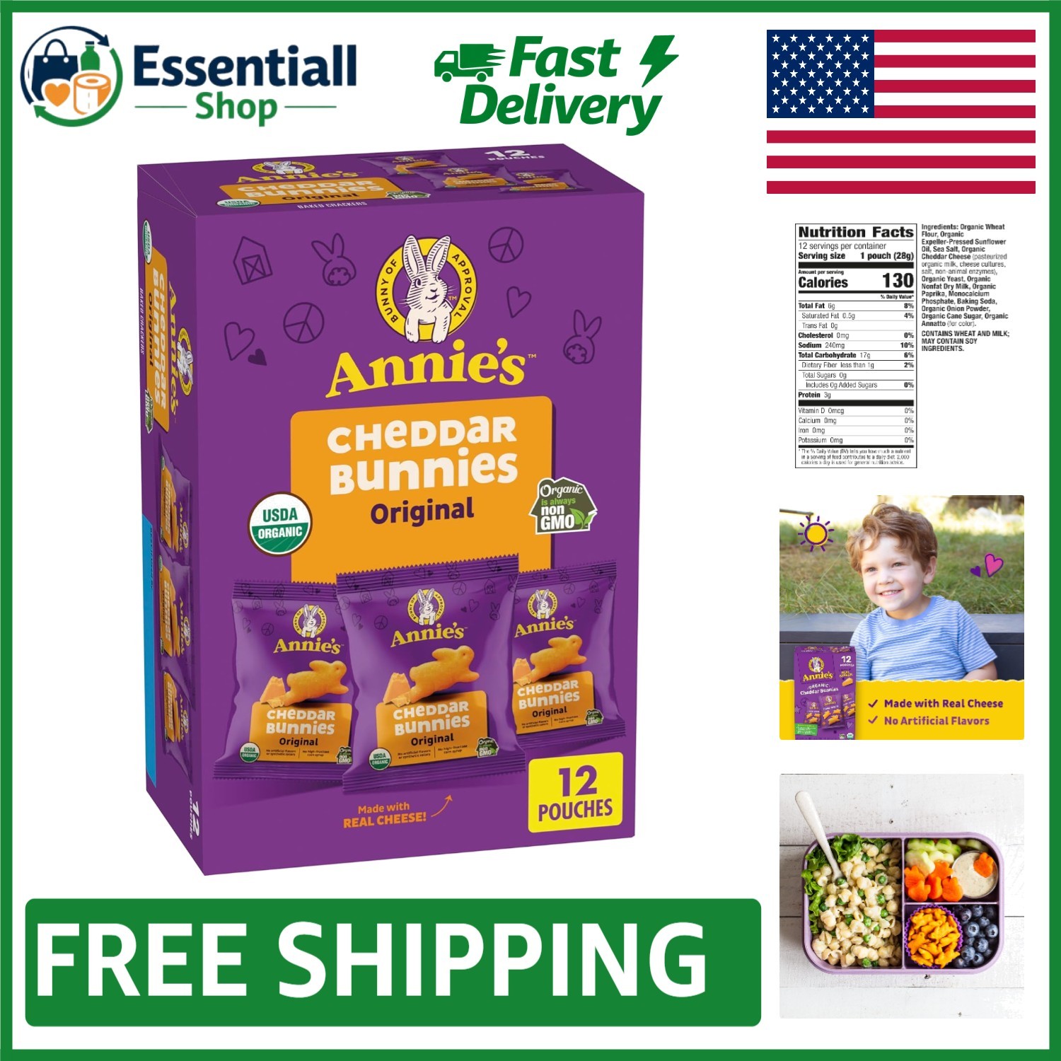 Portable Annie's Organic Cheddar Bunnies, 12 Pouches of Deliciousness for Kids