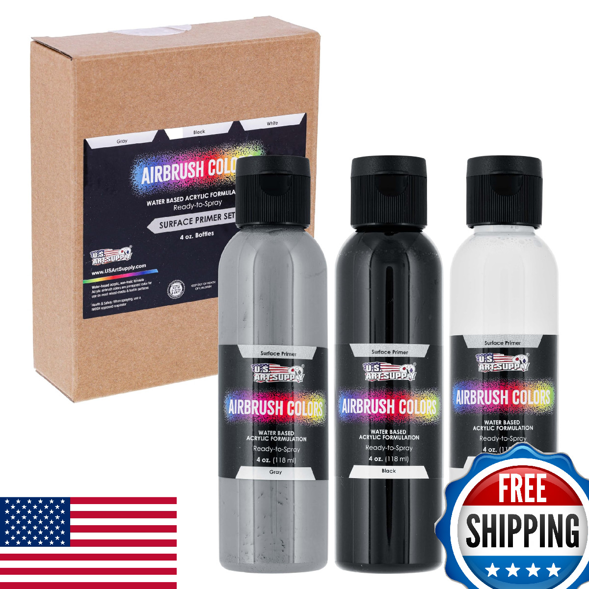 U.S Art Supply Airbrush Primer Paint Set: Black, White, Gray - 4 oz Bottles