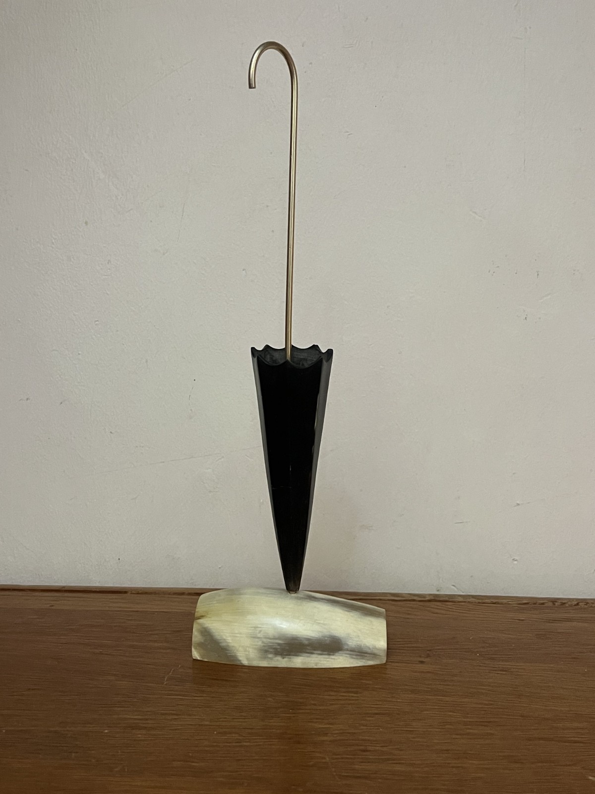 Unique Hand Crafted Natural Horn Umbrella Sculpture on Marble Base Vintage Dec