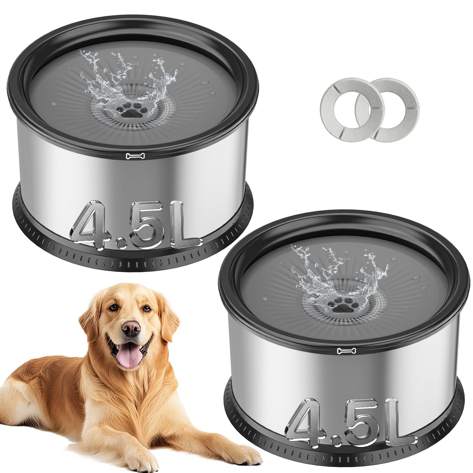 2PCS Dog Water Bowls for Multiple Pets, 4.5L/152oz No Spill Stainless Steel S...