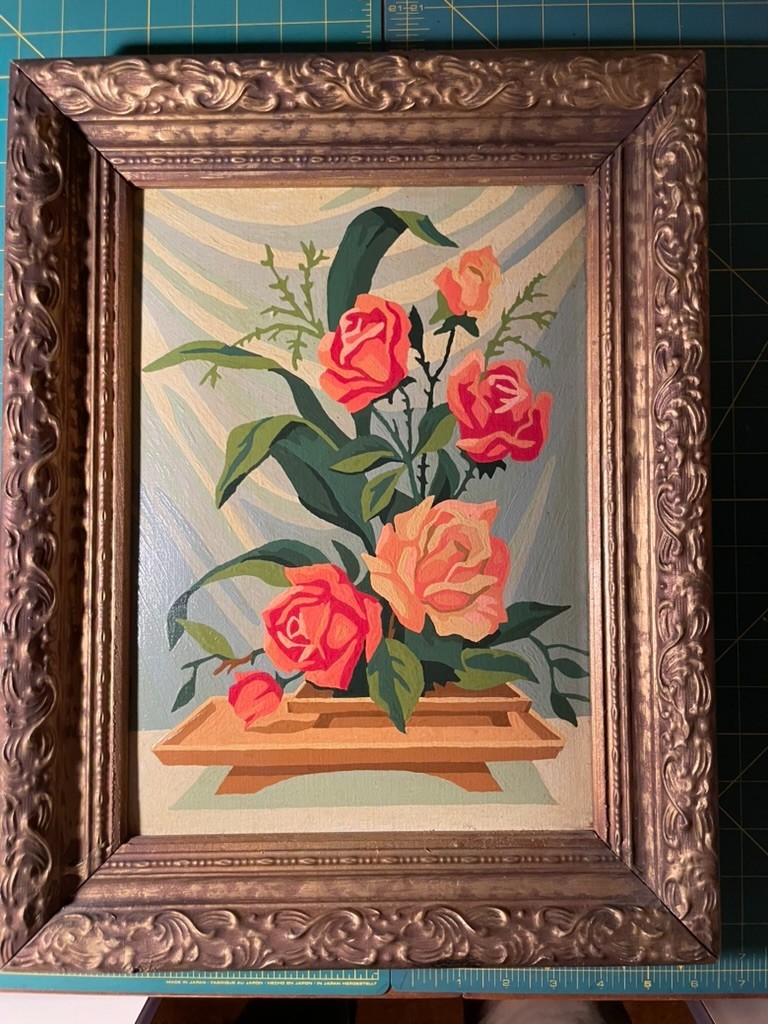 Vintage Mid Century Still Life Painting Roses Framed Paint by Number Art Flowers