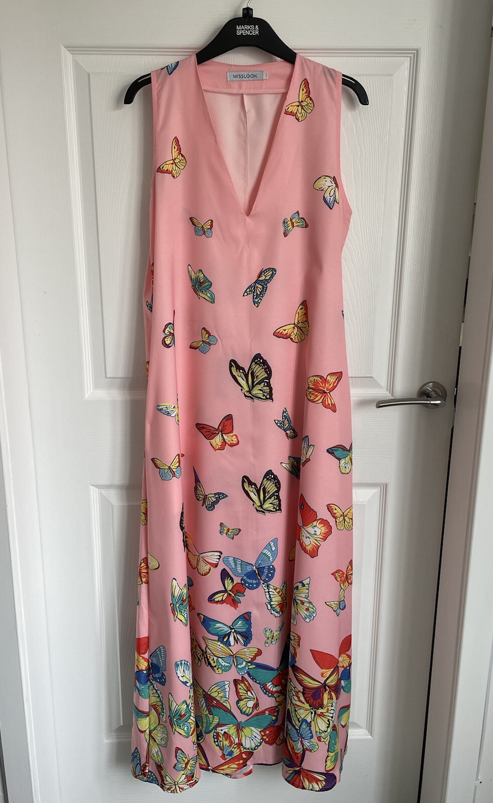 Ladies Pink MISSLOOK Sleeveless Long Maxi Chiffon Butterfly Print Dress Size 1