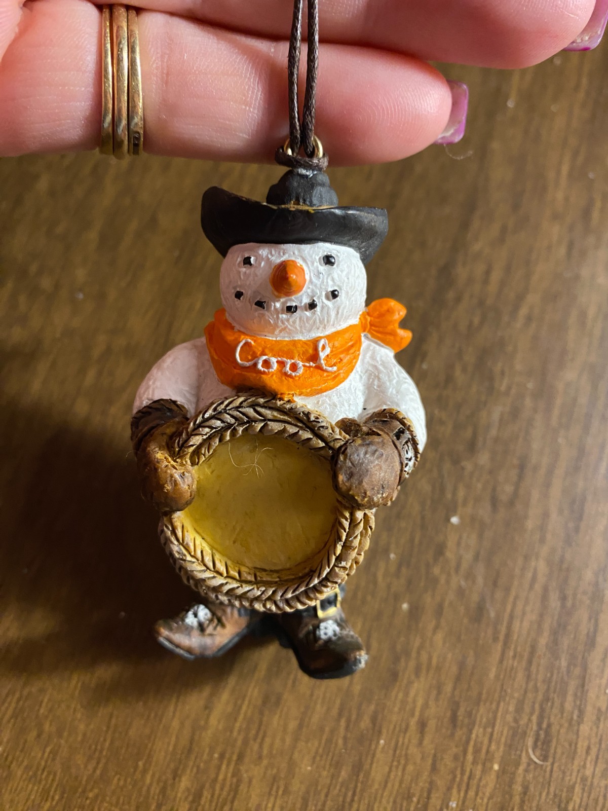 Resin Cool Western Snowman Frame Christmas Ornament 3"
