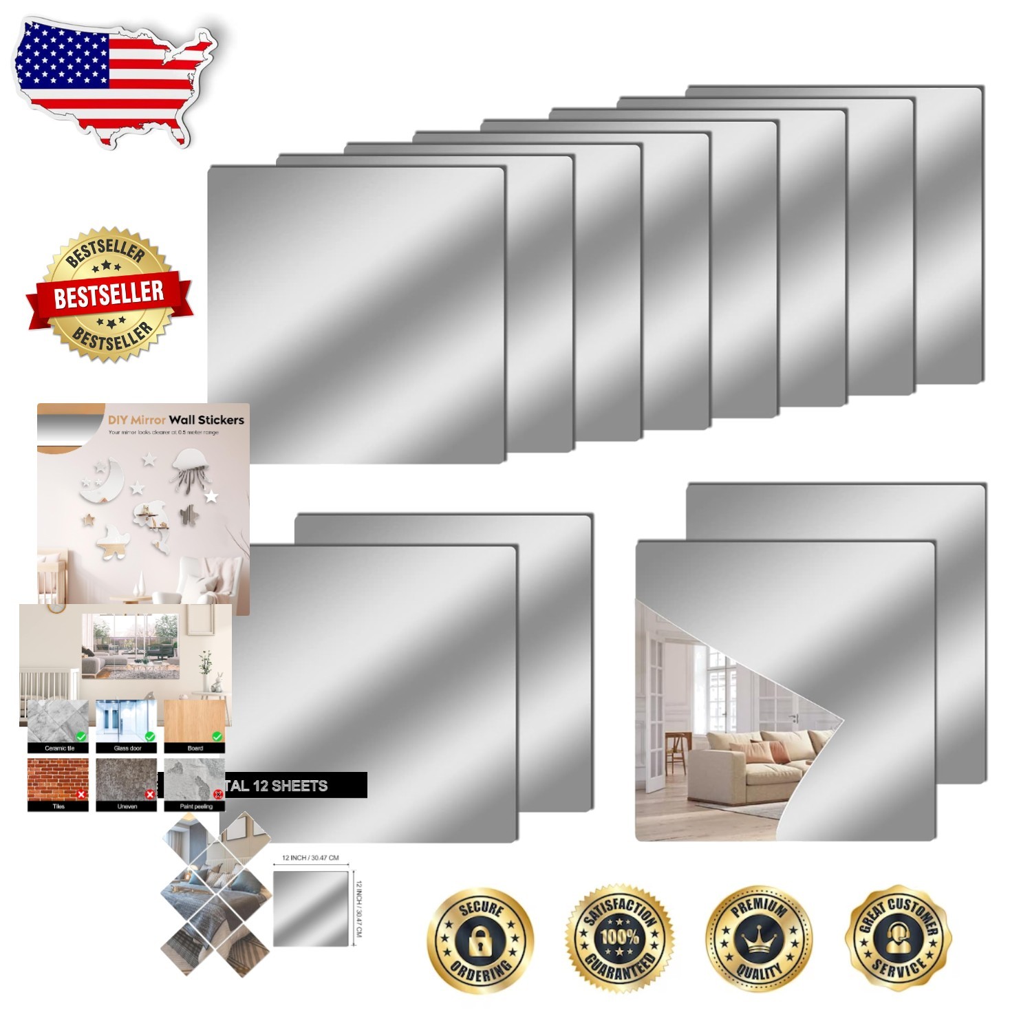 Flexible Mirror Tiles 12" Square Self-Adhesive Safety Reflective Craft Decor
