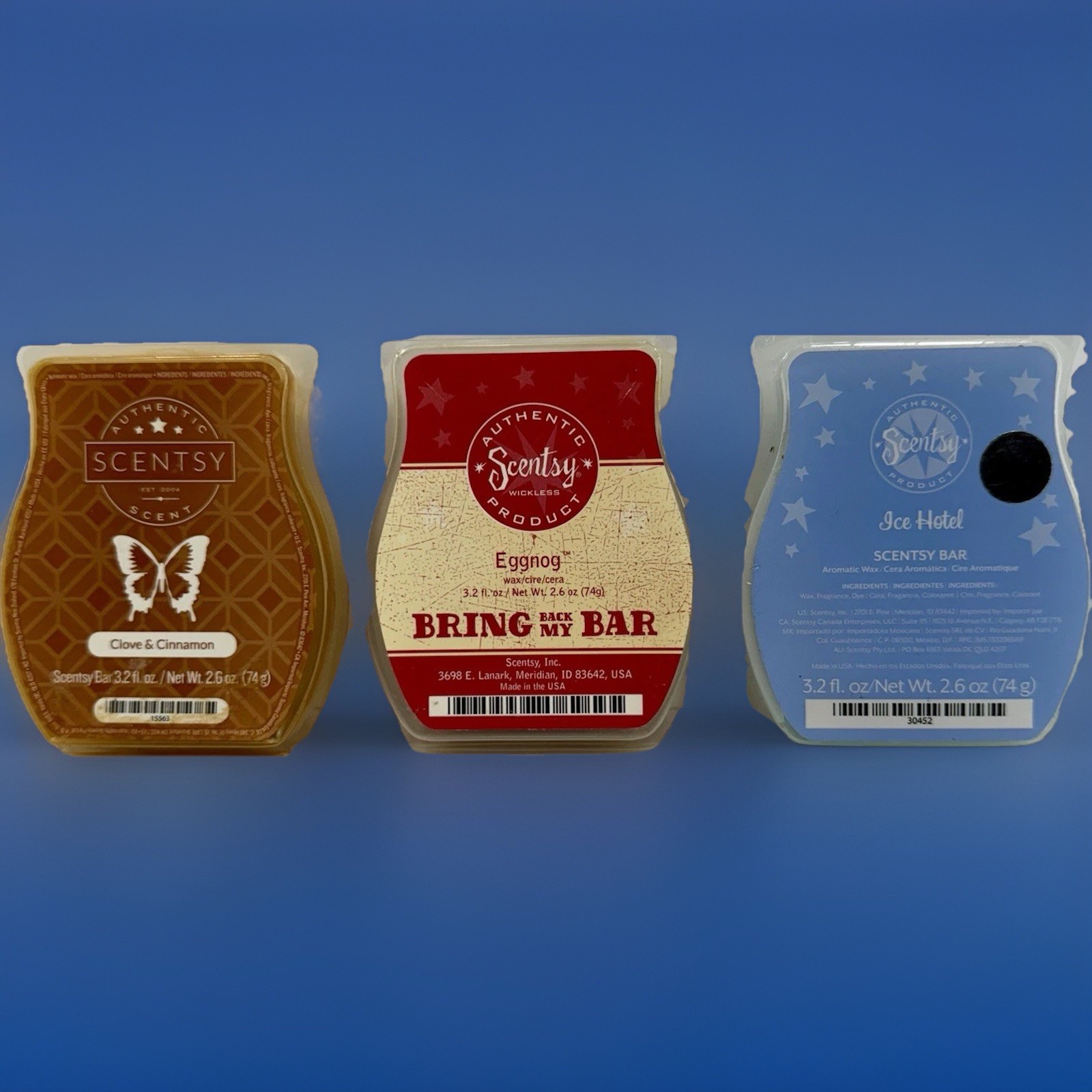 Scentsy Wax Bars Lot (3) Holidays – Clove & Cinnamon, Eggnog, Ice Hotel- Retired