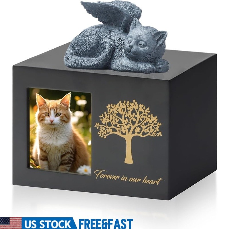 Cat Memorial Urn Ashes Wooden Keepsake Box W/ Resin Cat Statue Remembrance New