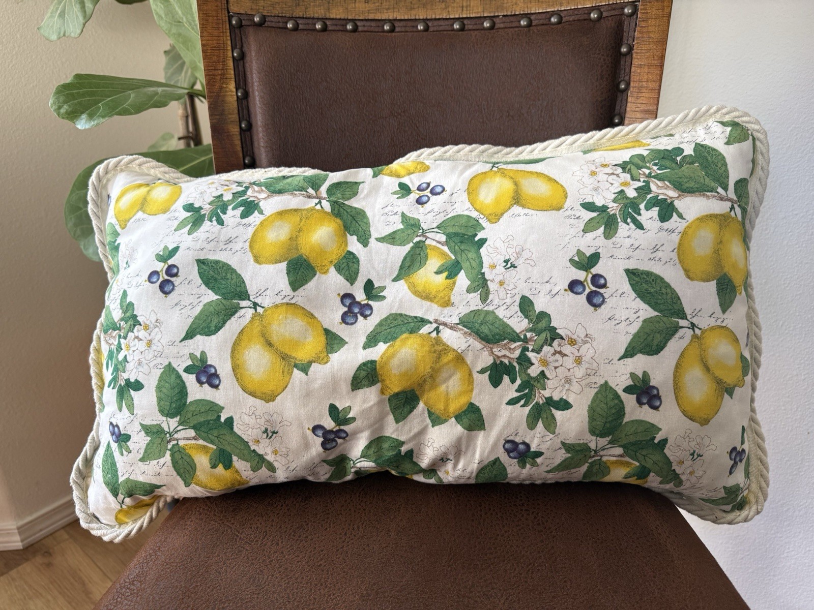 Lemon Floral Rectangular Cotton Lumbar Pillow Yellow Green Black Home Decor