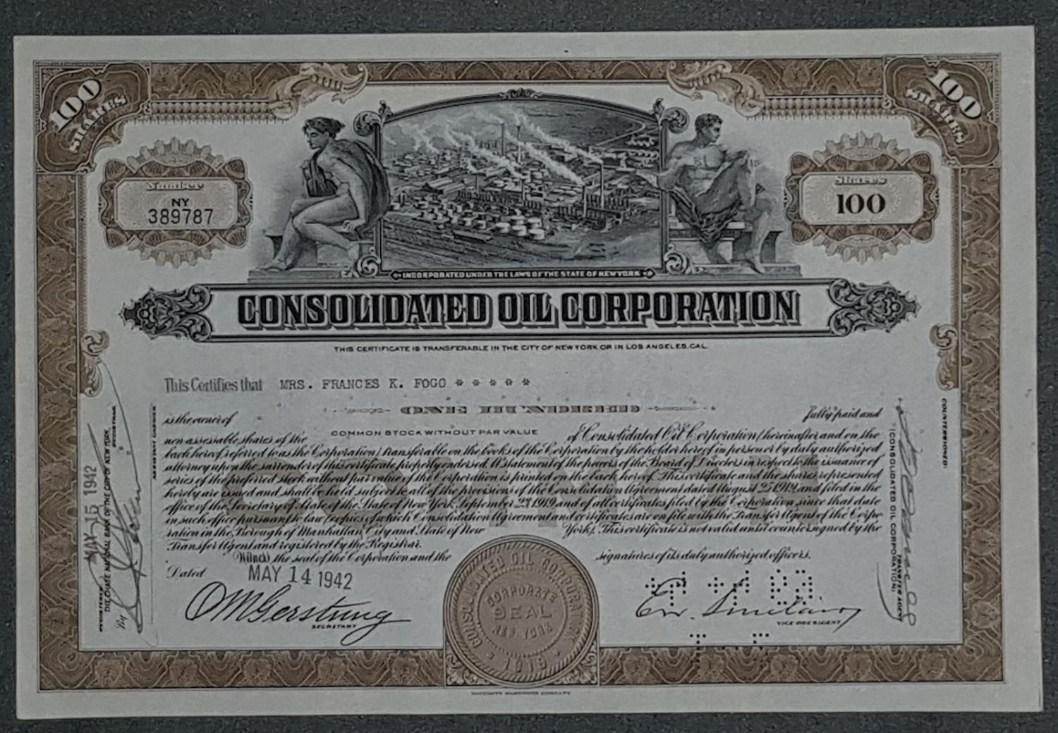 Consolidated Oil Corporation 1942 100 Shares